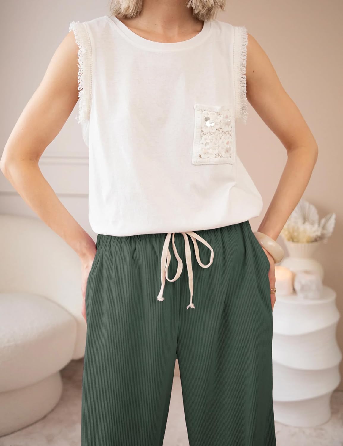 Ailoqing Women's Casual Corduroy Pants Drawstring Elastic Mid-Rise Straight Leg Pants Loose Comfy Trousers with Pockets - Image 5