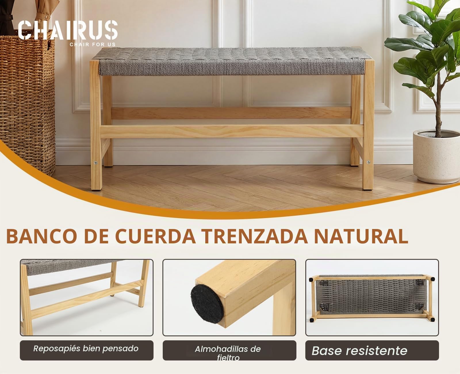 chairus Banco de Entrada de Madera Maciza con Asiento Trenzado Banco para Pies de Cama en Estilo Japonés, Banco Multifunción para Salón/Comedor, Color Gris