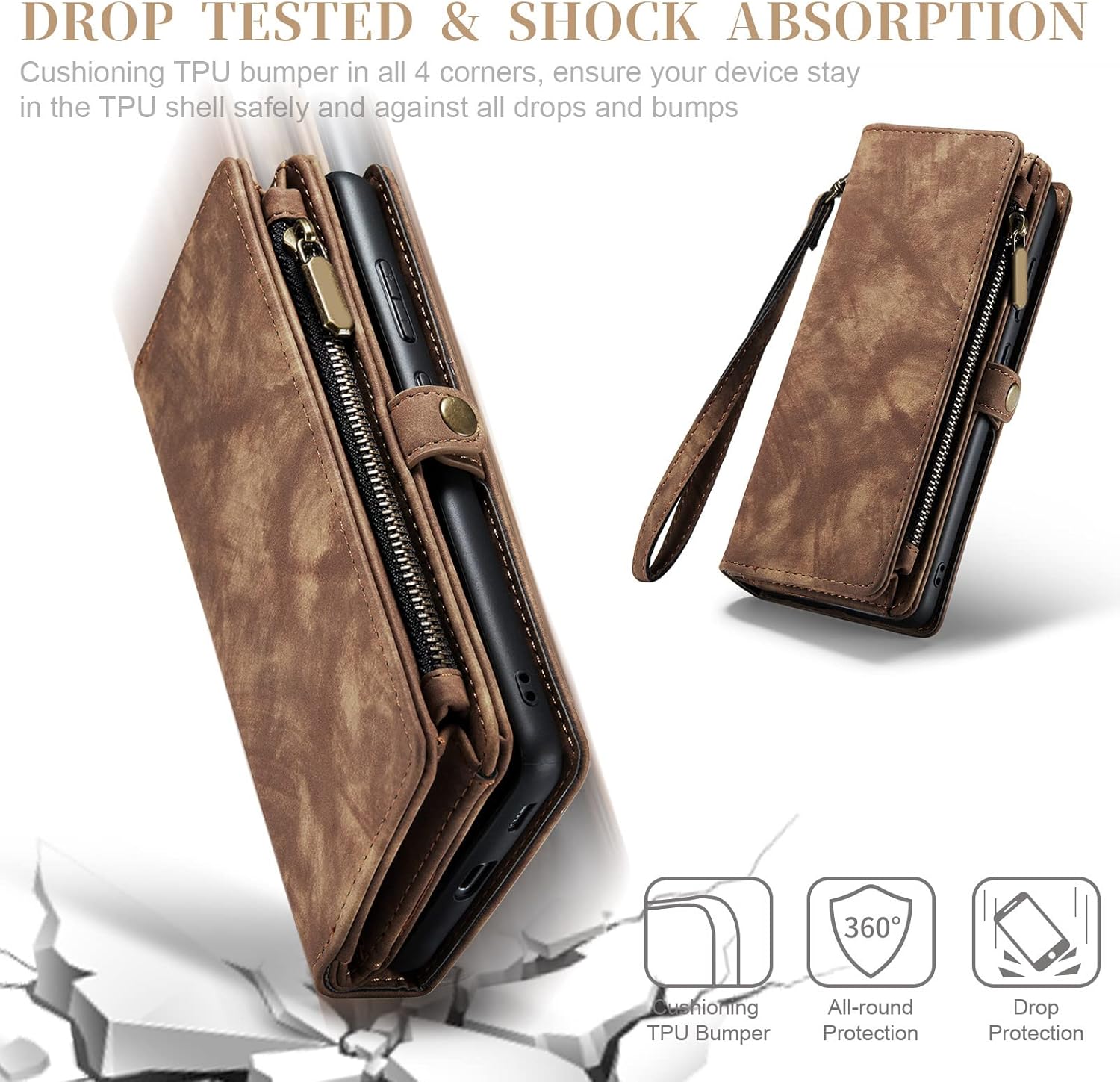 Asuwish Phone Case for Samsung Galaxy S22 5G Zipper Wallet Detachable Cover with Tempered Glass Screen Protector and Leather Flip Credit Card Holder Cell Accessories Gaxaly S 22 22S G5 Women Men Brown