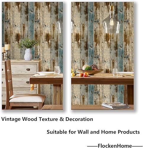 Miniatura 5 de Papel tapiz de madera de 236 x 17.7 pulgadas, papel de contacto de madera marrón azul, extraíble, autoadhesivo, textura de grano rústico sintético,