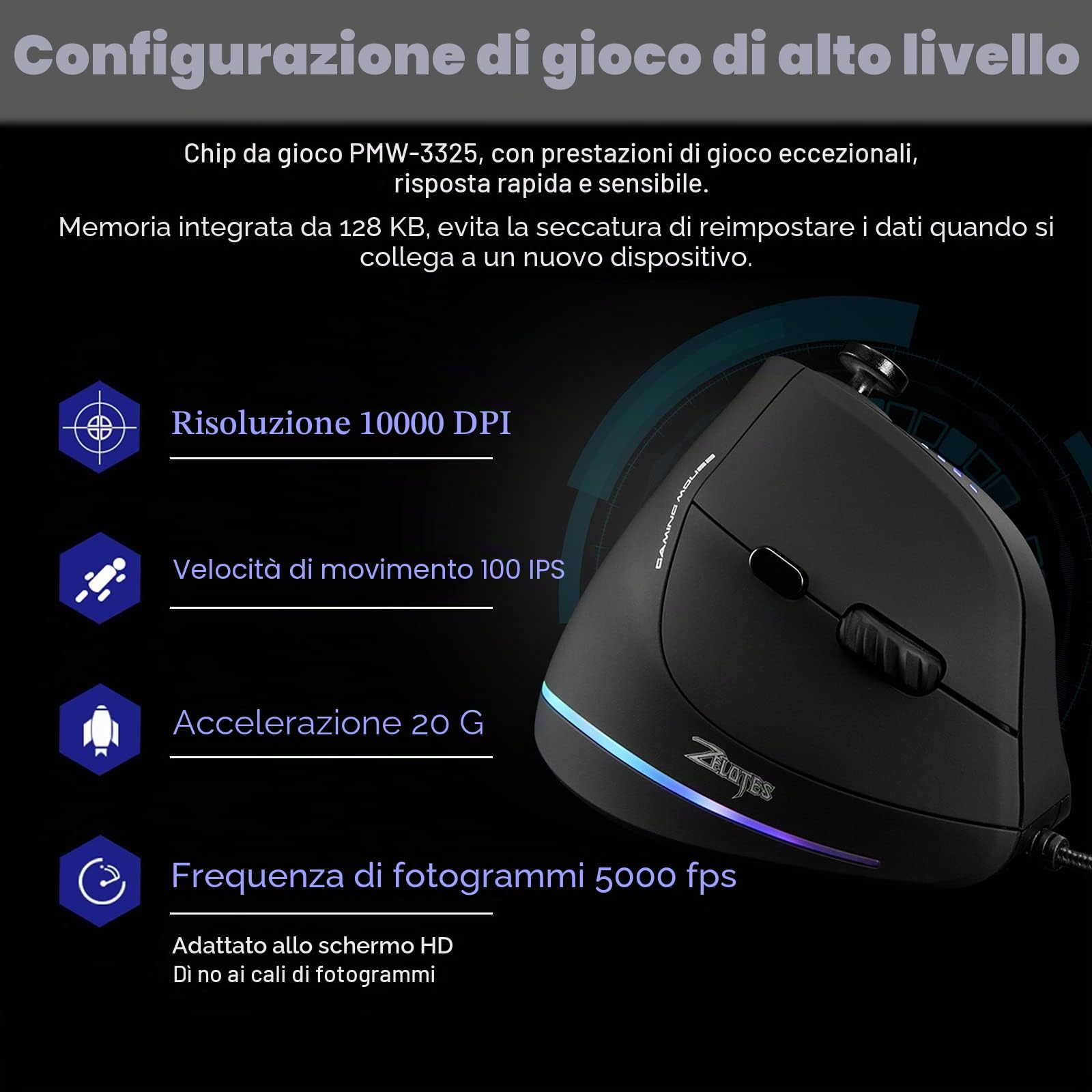 TKMARS Mouse Verticale Gaming, con Rocker 11 Pulsanti Programmabili, 10000 DPI Regolabile, per PC/Mac e Laptop, Mouse Ergonomico Verticale per Diminuire Il Male al Polso