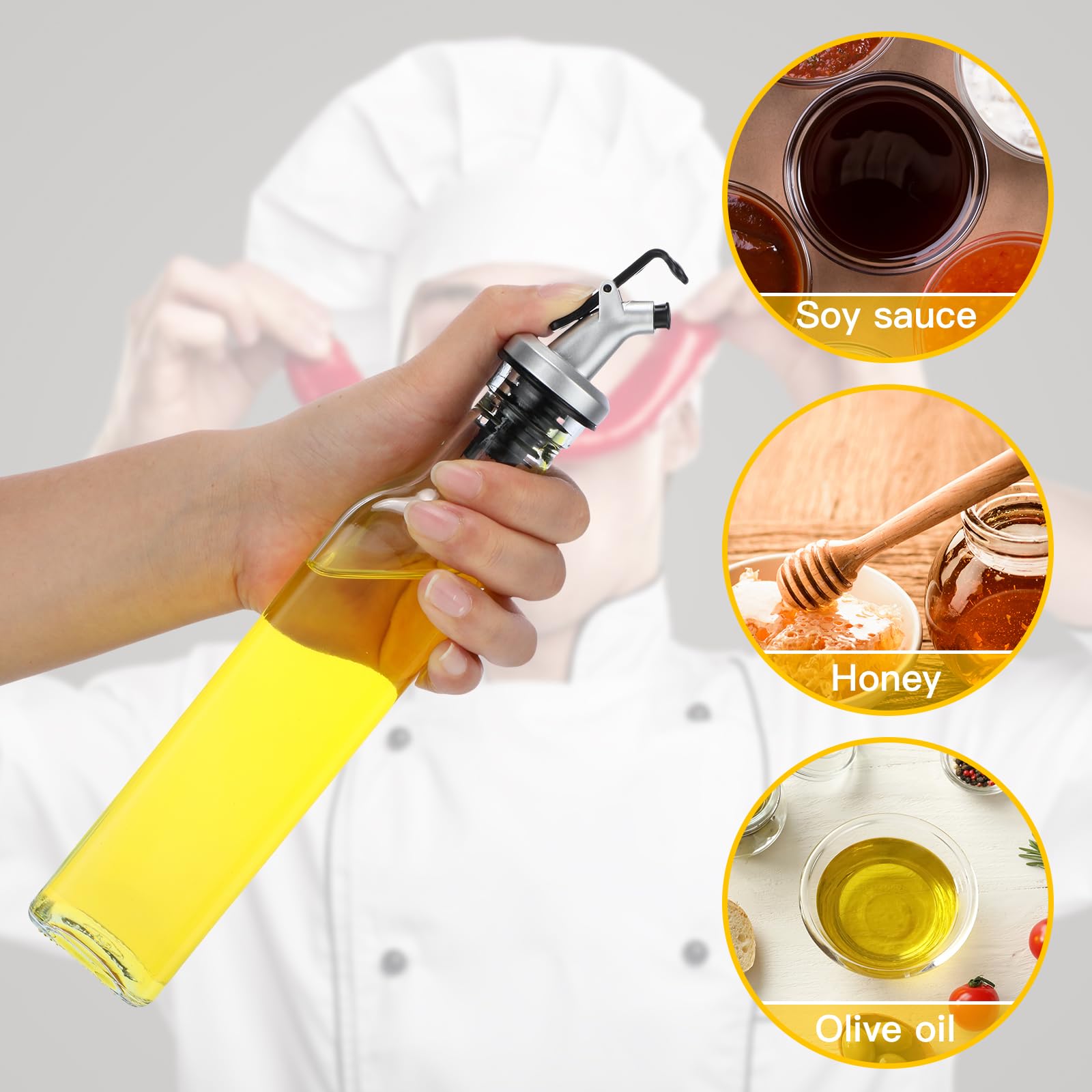 Hushee El juego de 15 botellas dispensadoras de aceite de oliva de vidrio transparente incluye 12 botellas de vidrio de 8 onzas con boquilla, recipiente de vinagre de aceite, vinagre para cocina con