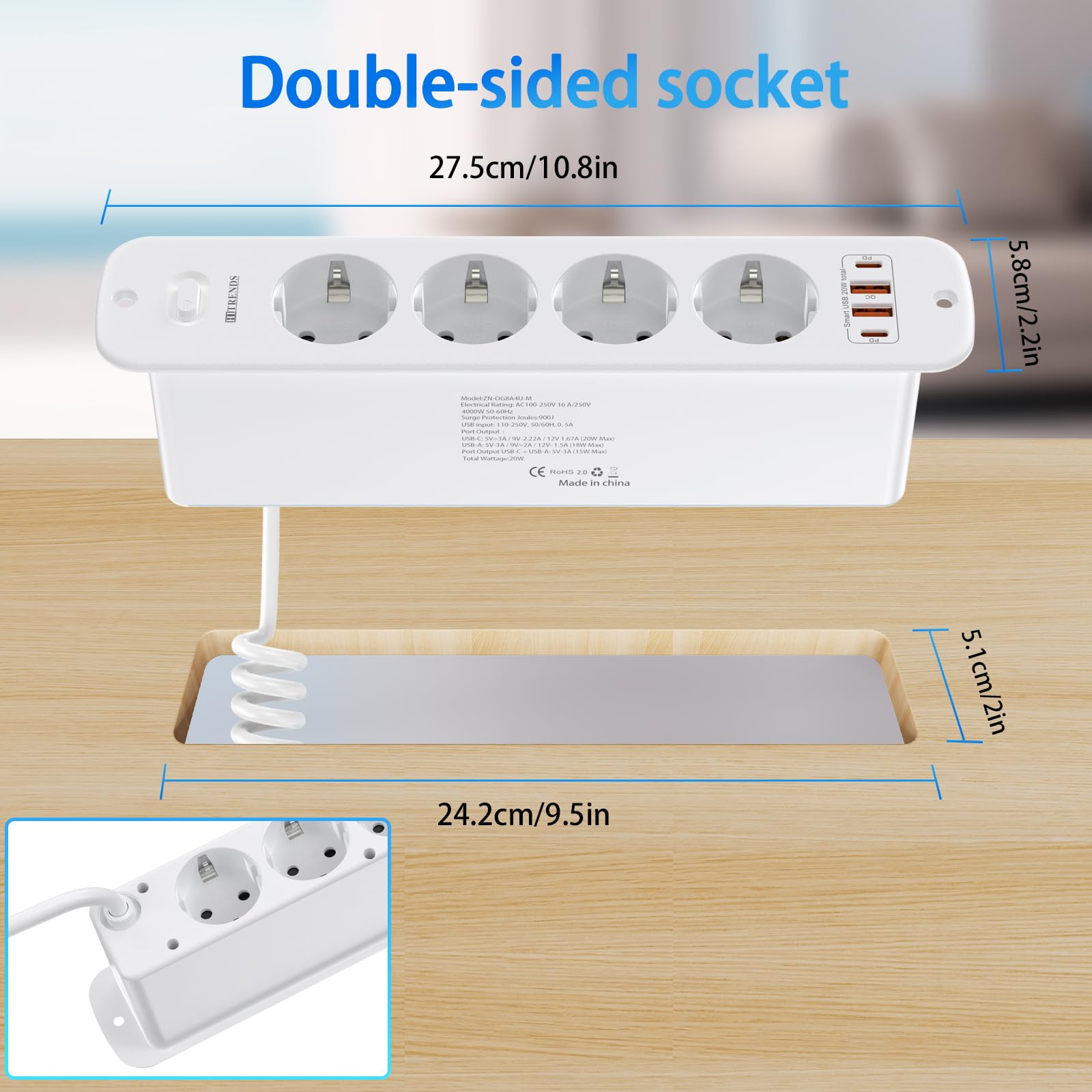 Blat wysuwane gniazdko z 2 USB A i 2 typy C, listwa zasilająca do zabudowy, listwa zasilająca 8 gniazd z kablem spiralnym 2 m, gniazdko stołowe z przełącznikiem do blatu stołu - białe