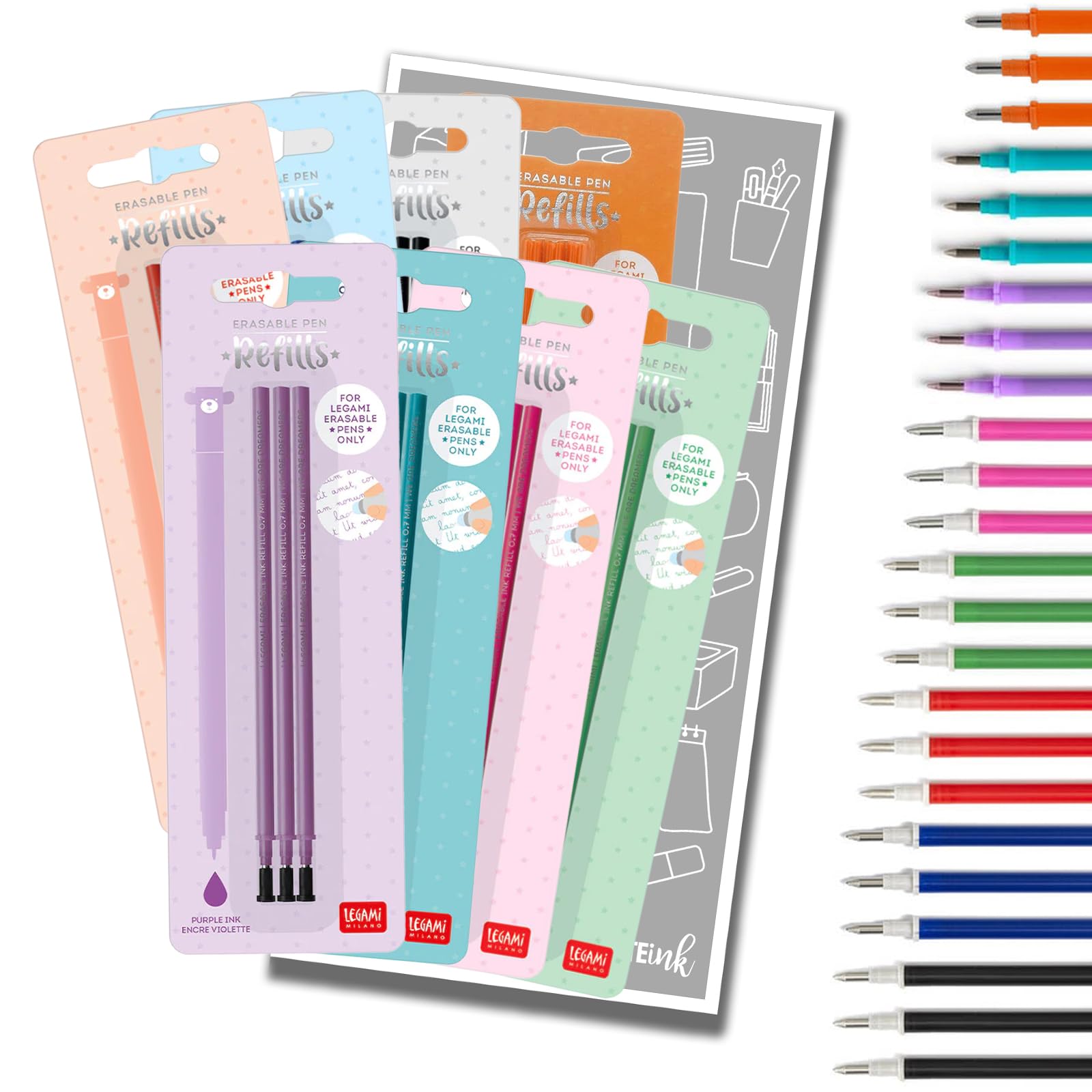 Legami Pen Refills Gel for Erasable Gel Pen Range with Tinte Ink Envelope (Full Range (8 Colours))