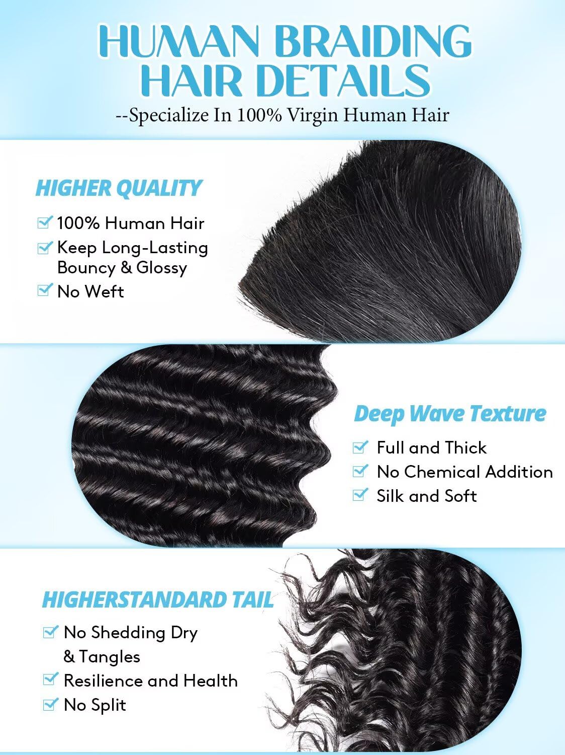 Boho Hair for Braiding, 18 Inch Curly Virgin Human Braiding Hair for Women, 12A Knotless Deep Wave Bulk Bohemian Styles, 100g 2 Bundles/Pack Natural Black