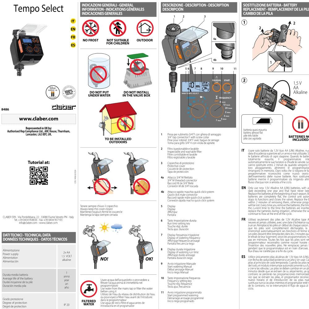 Claber Tempo Select, programmatore digitale a rubinetto a una via