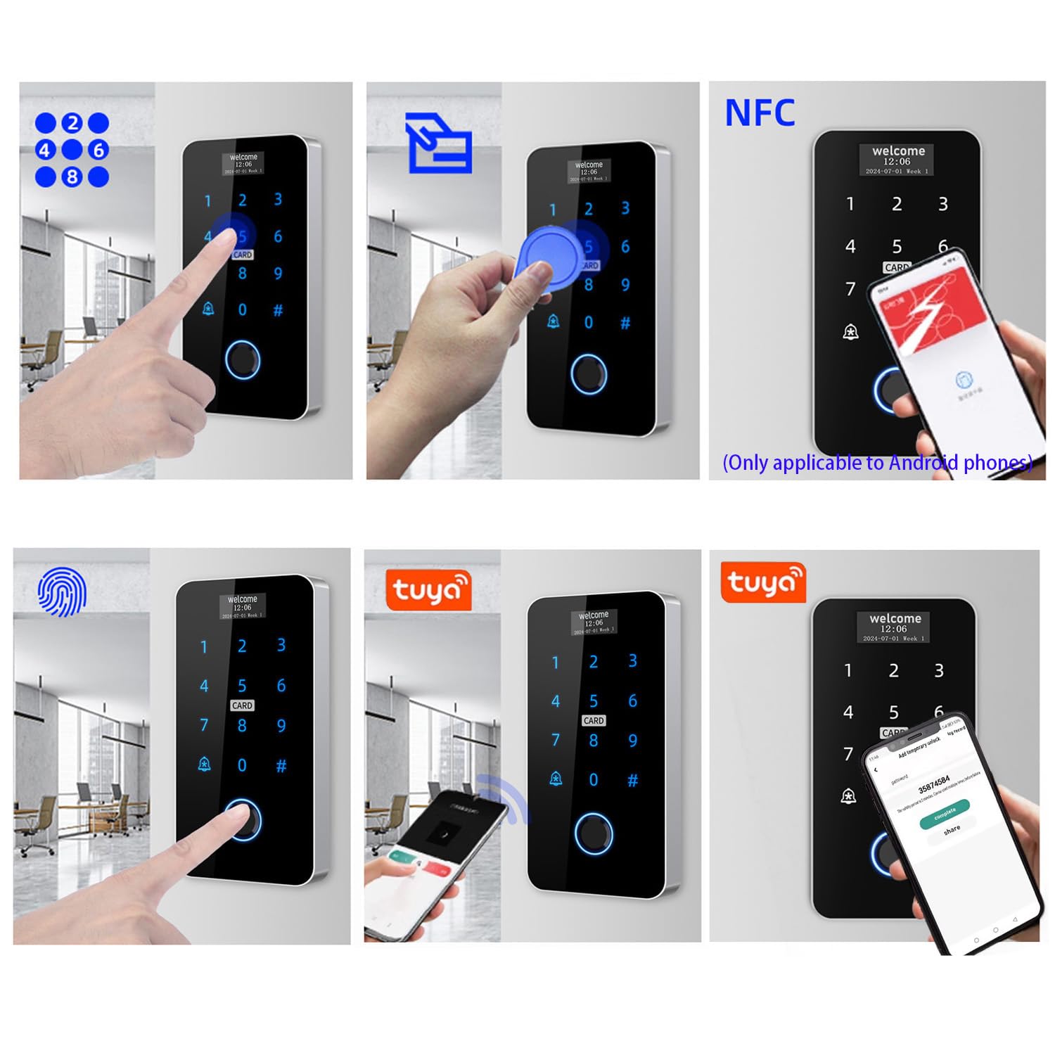 YAVIS Con pantalla Sistema de Controlador de Acceso WIFI TUYA Huellas Digitales impermeable Teclado táctil Lector de tarjetas RFID 125KHz/13,56MHz NFC, 12V Cerradura con botón eléctrico, Alimentación