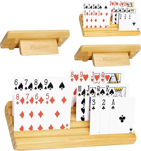 plusvivo Portatarjetas para cartas con soporte ajustable, juego de 4, organizador de cartas para adultos, personas mayores, niños, 5 ranuras de