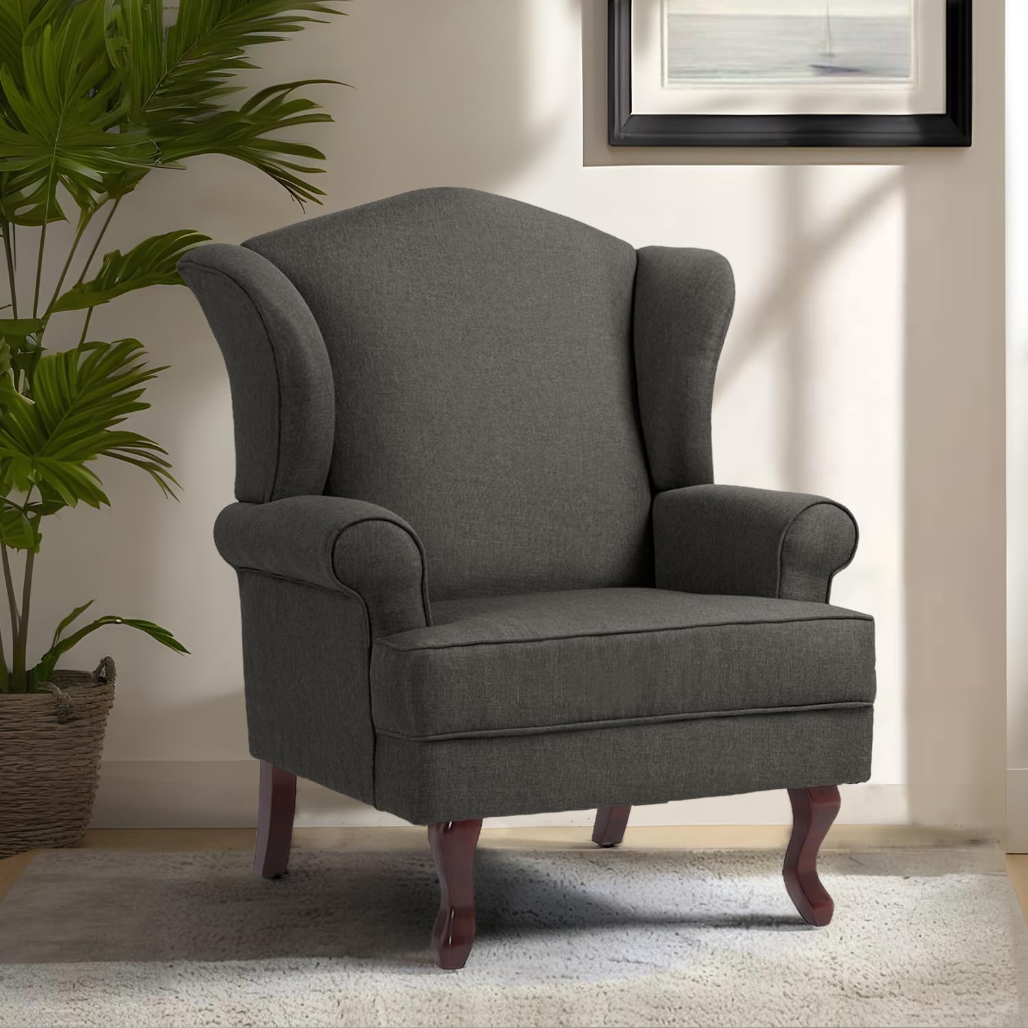 Pia Ricco High Back Floral Accent Chair, Upholstered Fabric Armchair with Solid Wood Legs - Retro Living Room Reading Chair, Comfortable Single Sofa Seat-Charcoal Grey