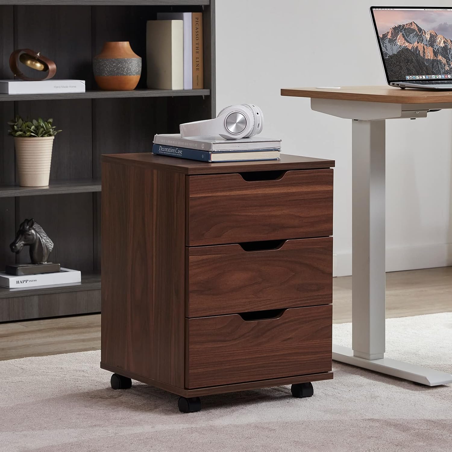 Farini Wood File Cabinet for Home Office,Under Desk 3 Drawer Mobile File Cabinet(Black,(Brown,Non-Assembled)