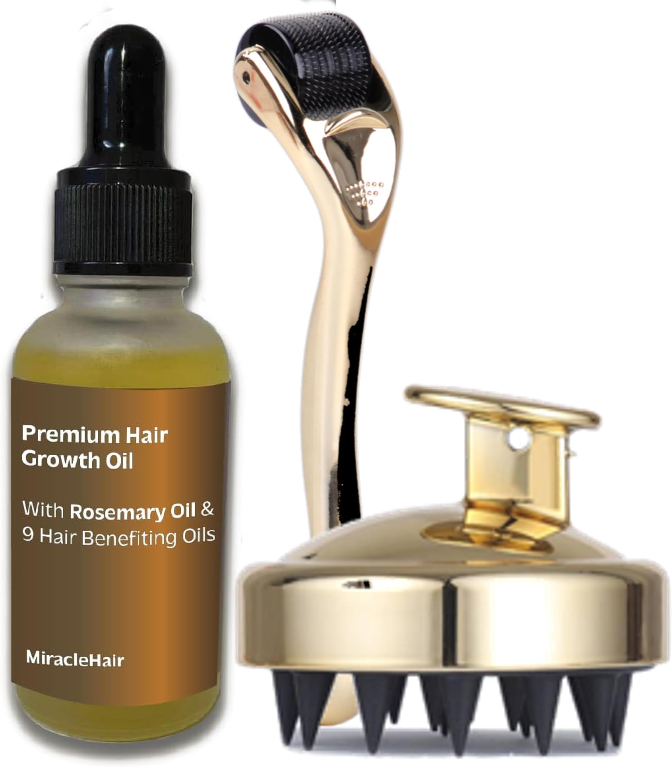 Premium Hair Growth Oil + Scalp Derma Roller & Massager - with Rosemary Oil, Castor, Peppermint, Ginger, Tea Tree & Lavander Oil - Hair Growth & Thickening & Loss Prevention - UK Based Brand