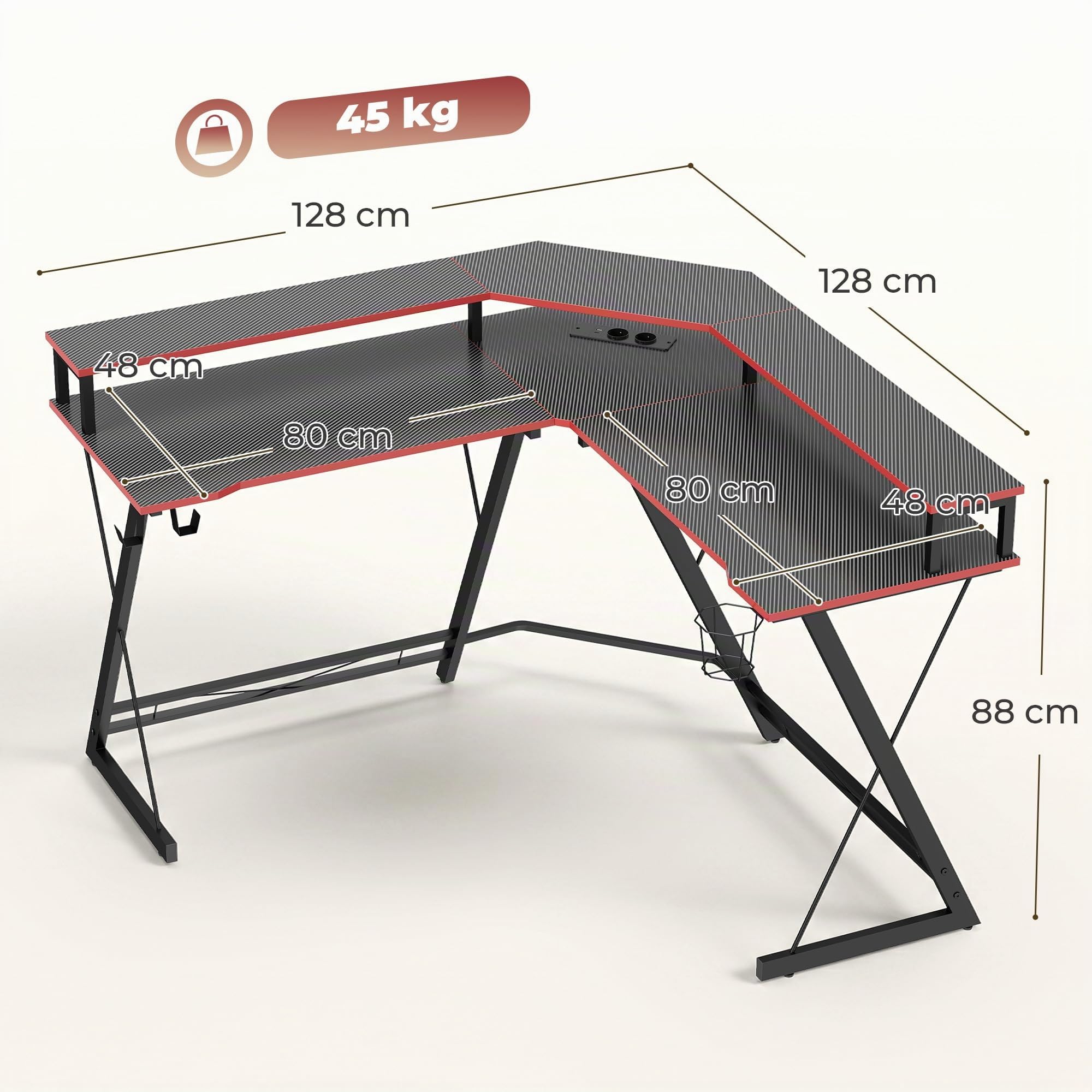 HOMCOM Scrivania Gaming Angolare Tavolo ad L 128x128cm Nero Carbonio | Stazione di Ricarica, Supporto per PC, Gancio per Cuffie, Portabicchieri, Computer Ufficio Studio