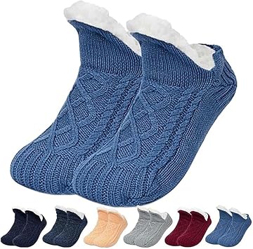 Fleecesox - Fleece-Lined Non-Slip Thermal Slippers Socks, Indoor Non-Slip Thermal Socks, V-Mouth Fluffy Socks Unisex Blue,L