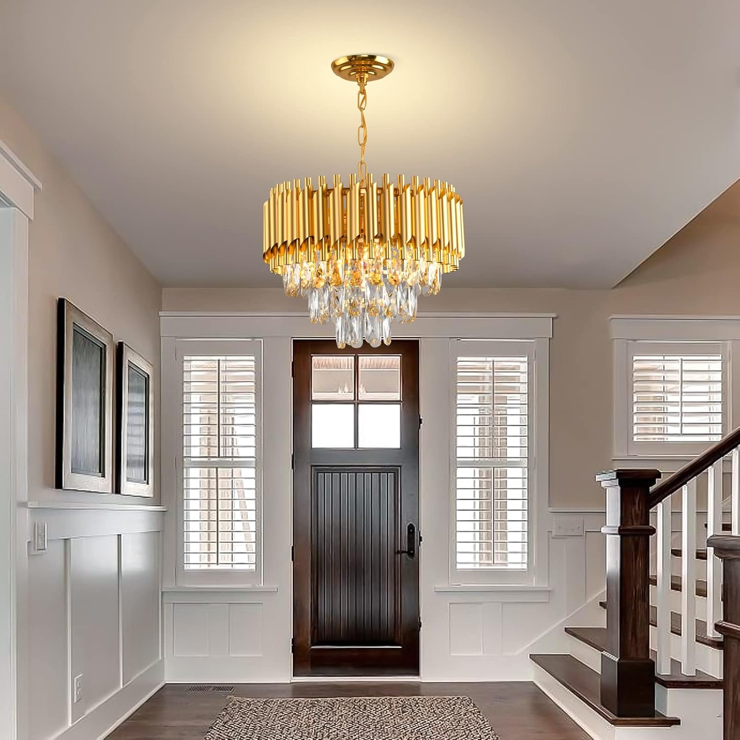 Gold Crystal Chandelier 3-Tier Dining Room Chandelier Light fixtures Modern Chandeliers for Dining Room Small Pendant Light Fixture for Living Room Foyer Kitchen Island Entryway Round 5 Light W15.7”