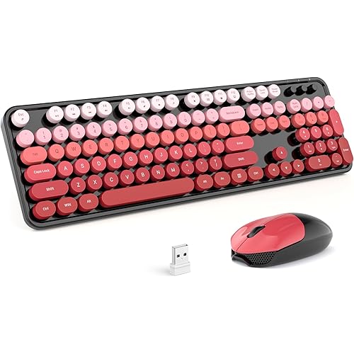 MOFII Wireless Keyboard and Mouse Combo, Full Size 2.4G Plug and Play Typewriter Retro Round Computer Keyboard and Mouse Set for Windows, Computer, Desktop, PC, Notebook - (Black Red Gradient)