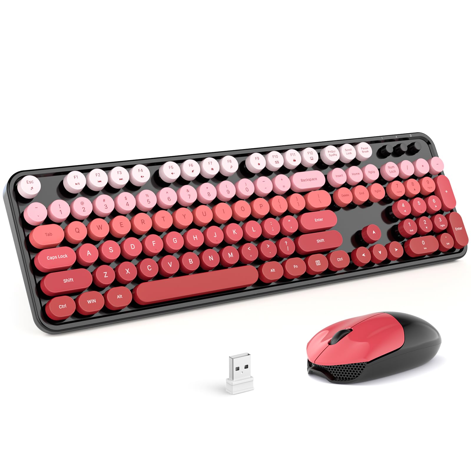MOFII Wireless Keyboard and Mouse Combo, Full Size 2.4G Plug and Play Typewriter Retro Round Computer Keyboard and Mouse Set for Windows, Computer, Desktop, PC, Notebook - (Black Red Gradient)