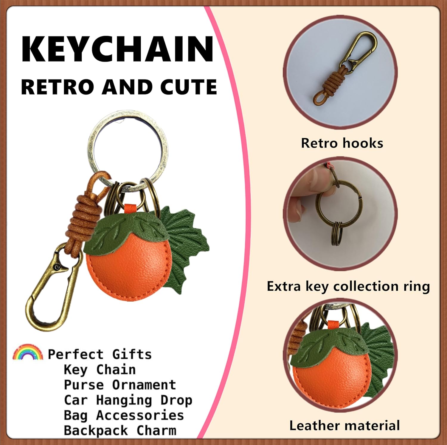 Leather Leaf Fruit Keychain Retro Accessories,Cute Keychains for Women Bag,Key Organizer,Charms,Purse Keyring Holder - Image 4