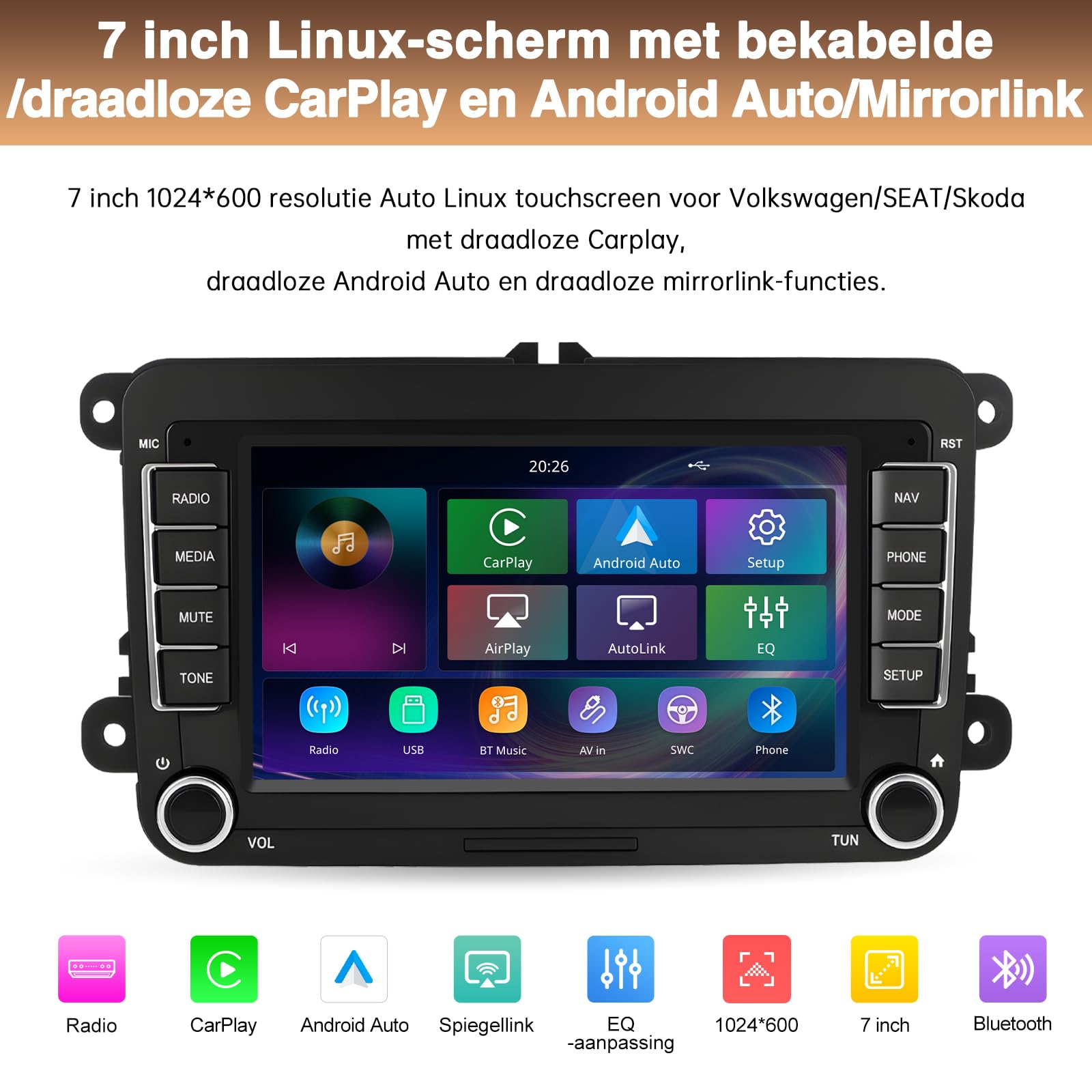 Autoradio con schermo da 7 pollici per Volkswagen Seat Golf Passat Jetta Beetle Tiguan Touran EOS Skoda Seat Doppio Din Touchscreen Radio Bluetooth con CarPlay wireless Android Auto GPS