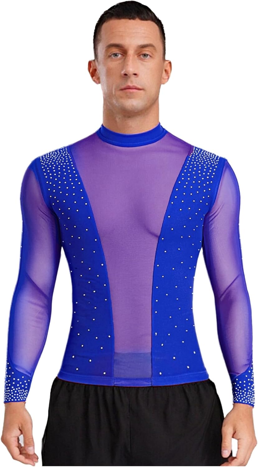 JEYPINMI Mens Latin Dance Top Sheer Mesh Patchwork Shiny Long Sleeve T-Shirt Blouse for Ballet Chacha Tango