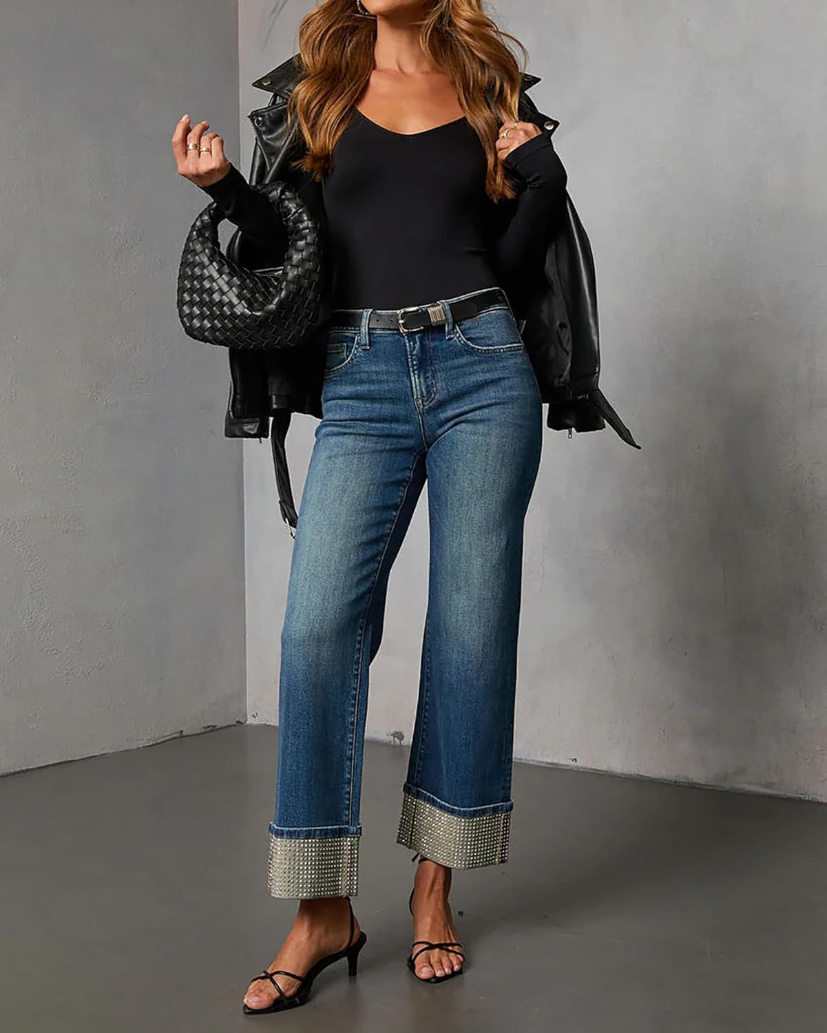 Women's Straight Leg Jeans High Waisted Stretchy Rhinestone Folded Hem Distressed Denim Pants