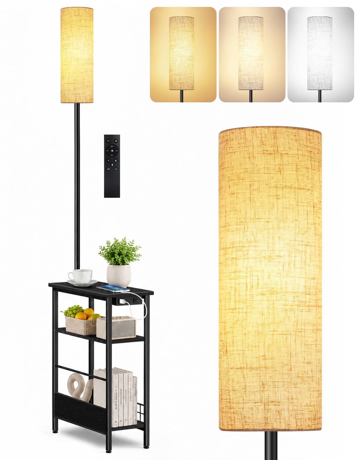 Lámpara de Pie con Mesa y Puertos USB-A/USB-C | Mando a Distancia, 3 Temperaturas de Color, Regulación Continua y Diseño Estrecho para Dormitorio y Salón