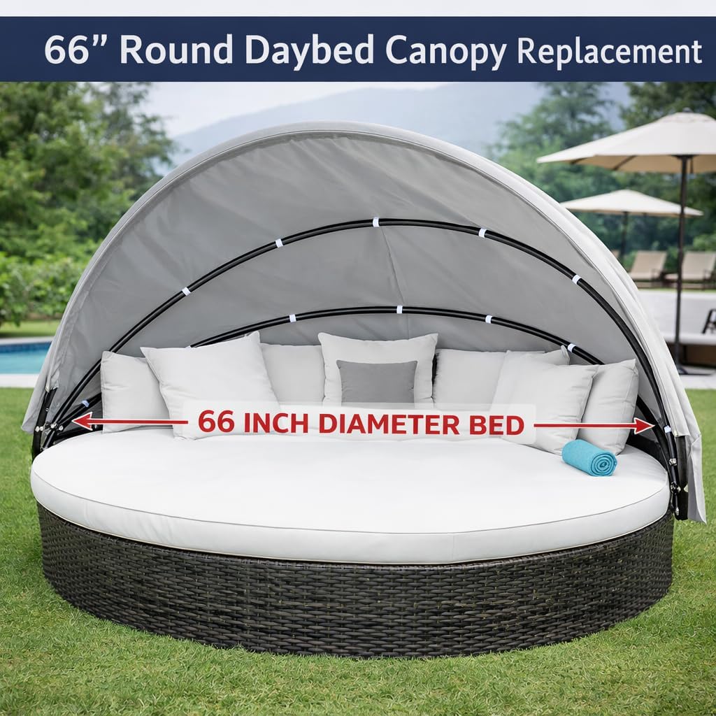 Outdoor Daybed Canopy Replacement Cover – 66'' Round Daybed Top for Patio Furniture Rattan Sunbed, Zipper Design for Easy Installation, Fade Resistant (Only Canopy Cover Light Gray)