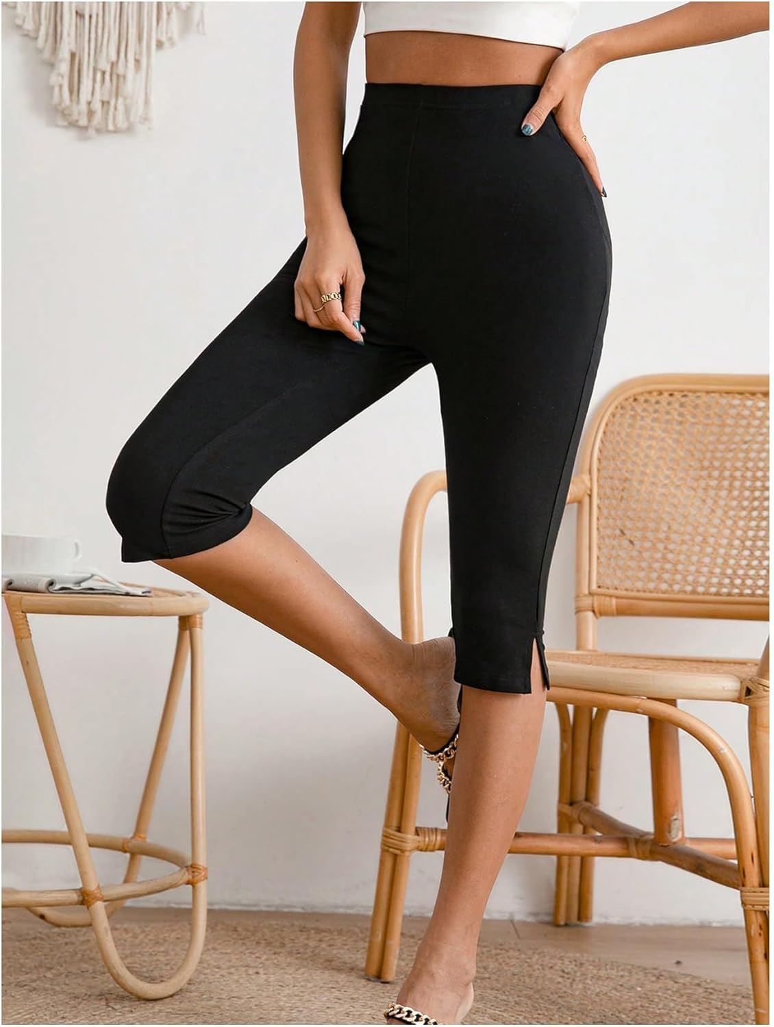 MakeMeChic Women's Capri Pants High Waisted Elastic Leggings Casual Yoga Going Out Dressy Capri Pants