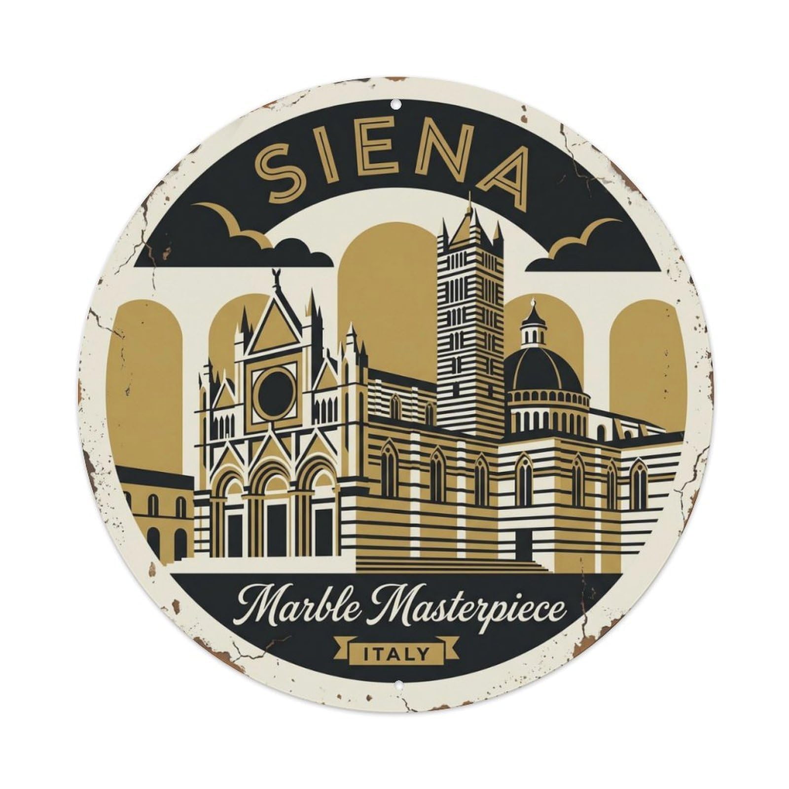 Fqcyn Style Vintage Travel Siena Cathedral Italy Metal Tin Sign Plaque Wall Decor For Cafe, Club Bar, Office, Home Garden Round Metal Poster 8X8inch