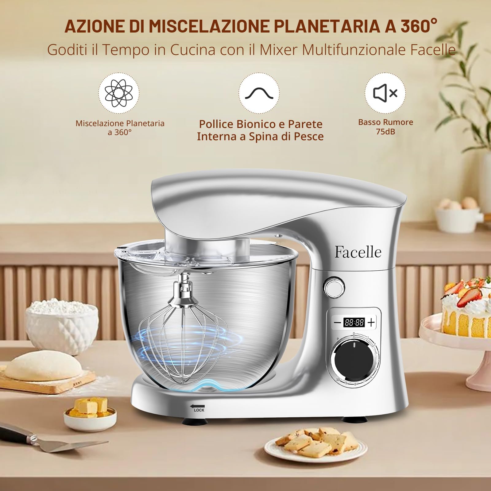 Impastatrice Planetaria Offerta 1500W, Facelle 5,5L & 4,5L Robot da Cucina Multifunzione, 10+P Impastatrice a Spirale Professionale con Gancio per Impastare, Frusta Piatta, Frusta, Bassa Rumorosità