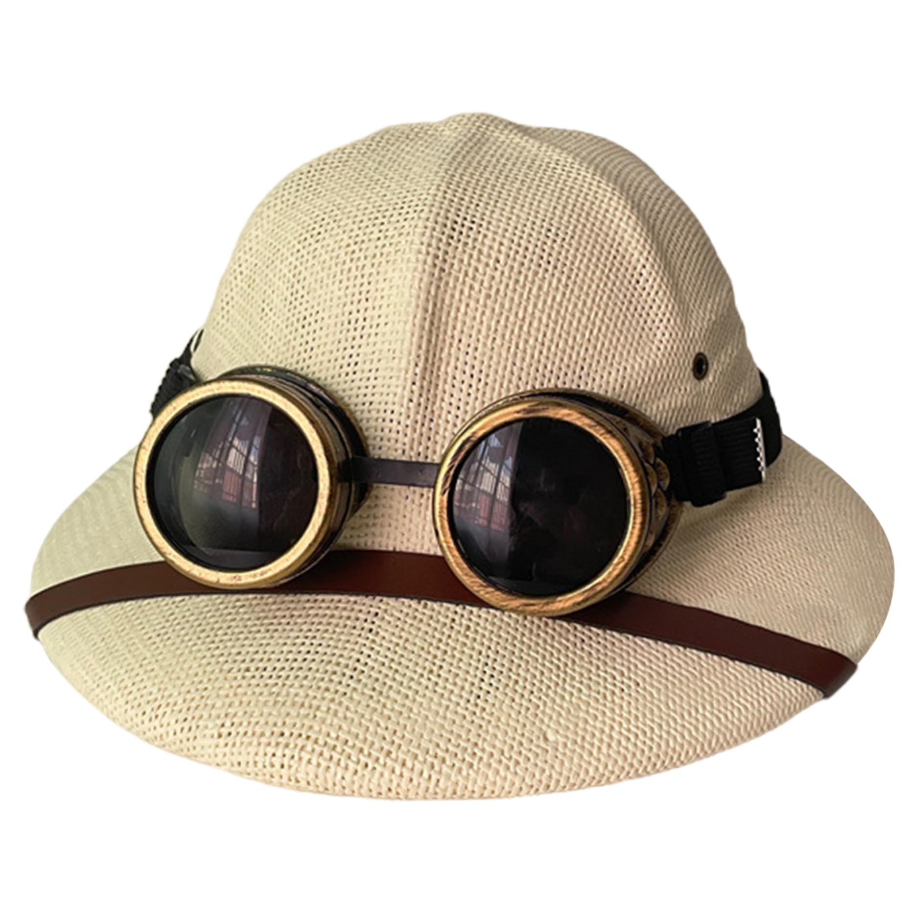 Casco classico a tesa larga con occhiali protettivi - Protezione UV Cappello di paglia estivo leggero regolabile per uomo Spiagge Parchi Campeggio Escursionismo