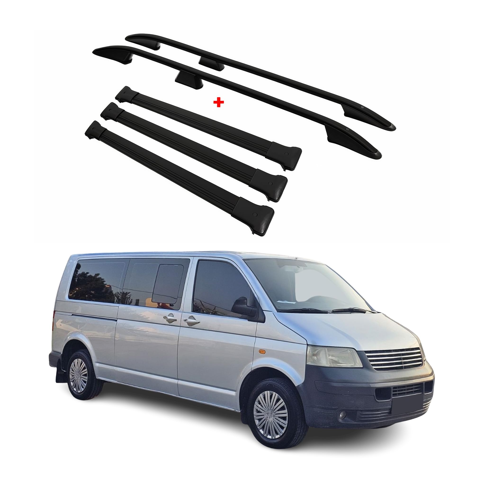 OMAC Dachträger für VW T5 T6 T6.1 Multivan Caravelle 2003-24 L2 Schwarz Alu | inkl. Dachreling (Set), Querträger, Grundträger