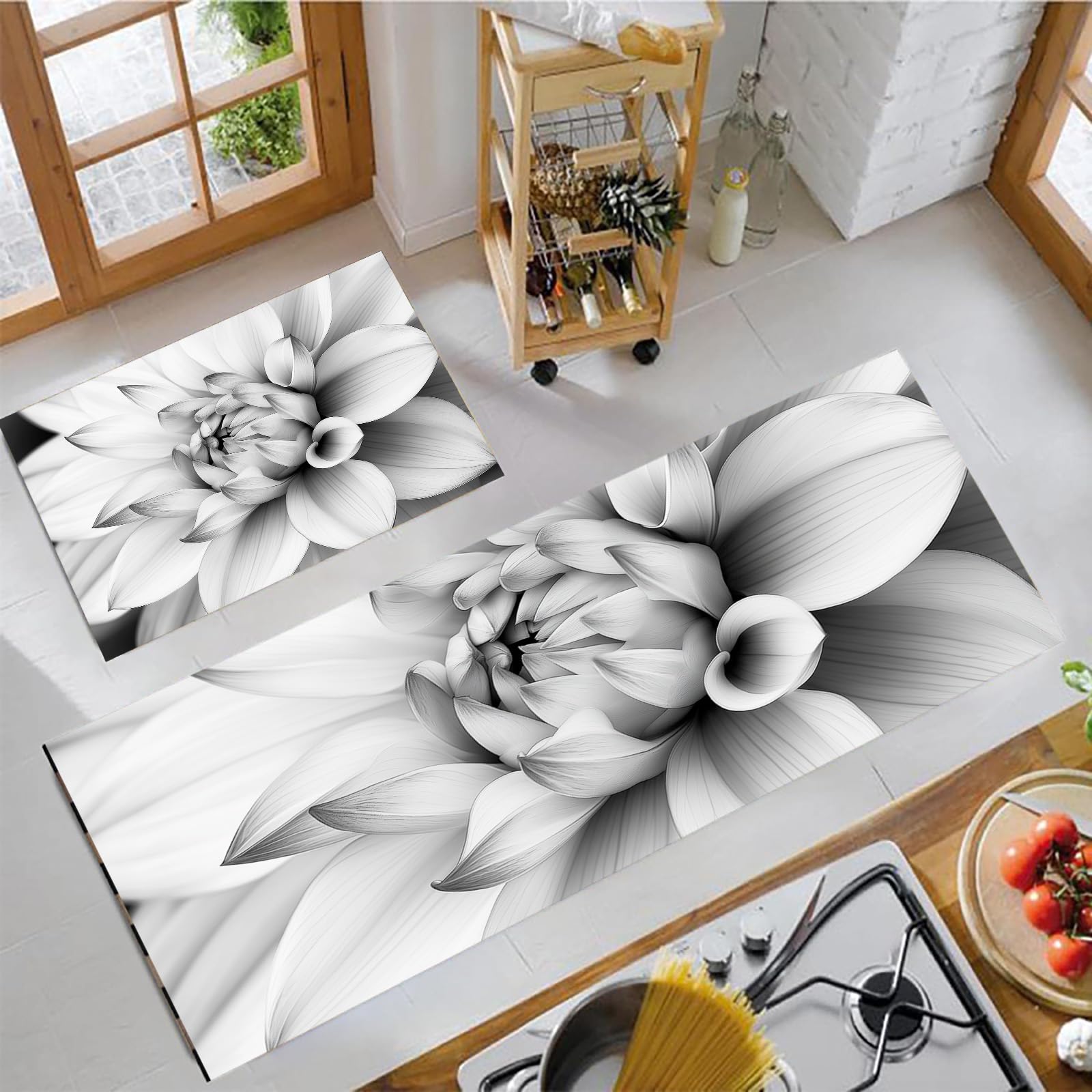 Juego de alfombras de cocina de alta resistencia y diseño textil de dalia en blanco y negro