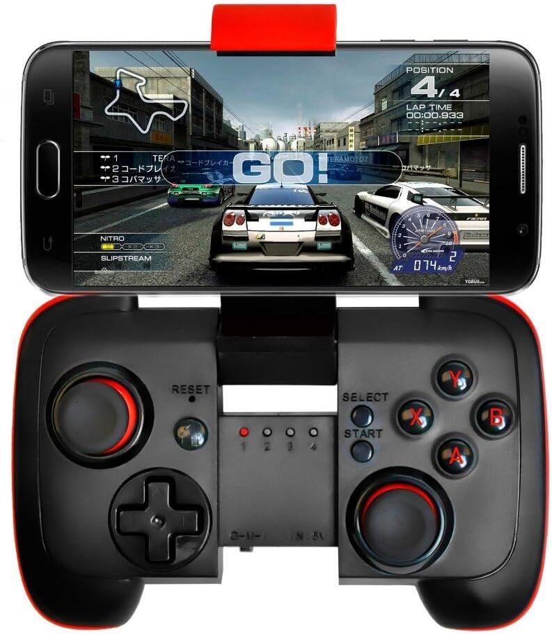 Saitake BT 7002 Smartphone Joystick holding a phone displaying a racing game.