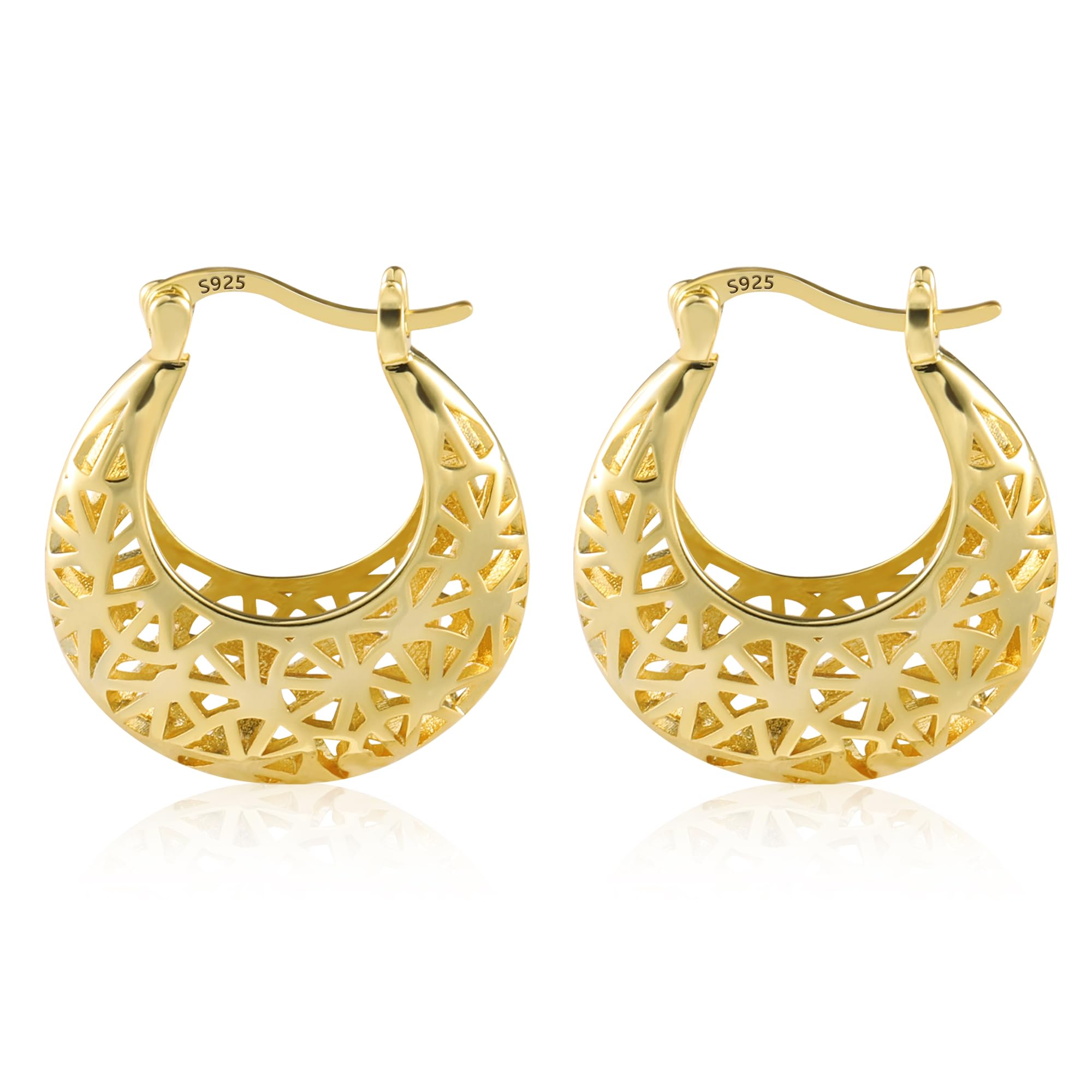 Gold Filigree Hoop Earrings for Women 14K Gold Plated Medium Size Hypoallergenic Statement Earring
