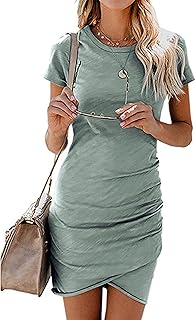 Women's 2025 Summer Casual Beach Dresses Crew Neck Short Sleeve Wrap Party Club Mini Ruched Bodycon T Shirt Dress - Buy now