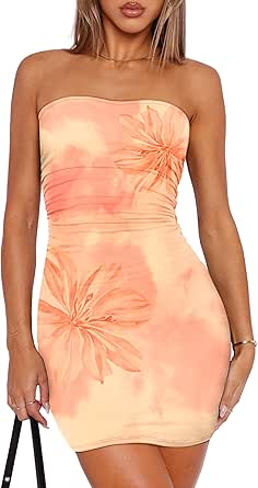 OFEEFAN Summer Dresses for Women 2025 Strapless Ruched Party Club Bodycon Mini Dress