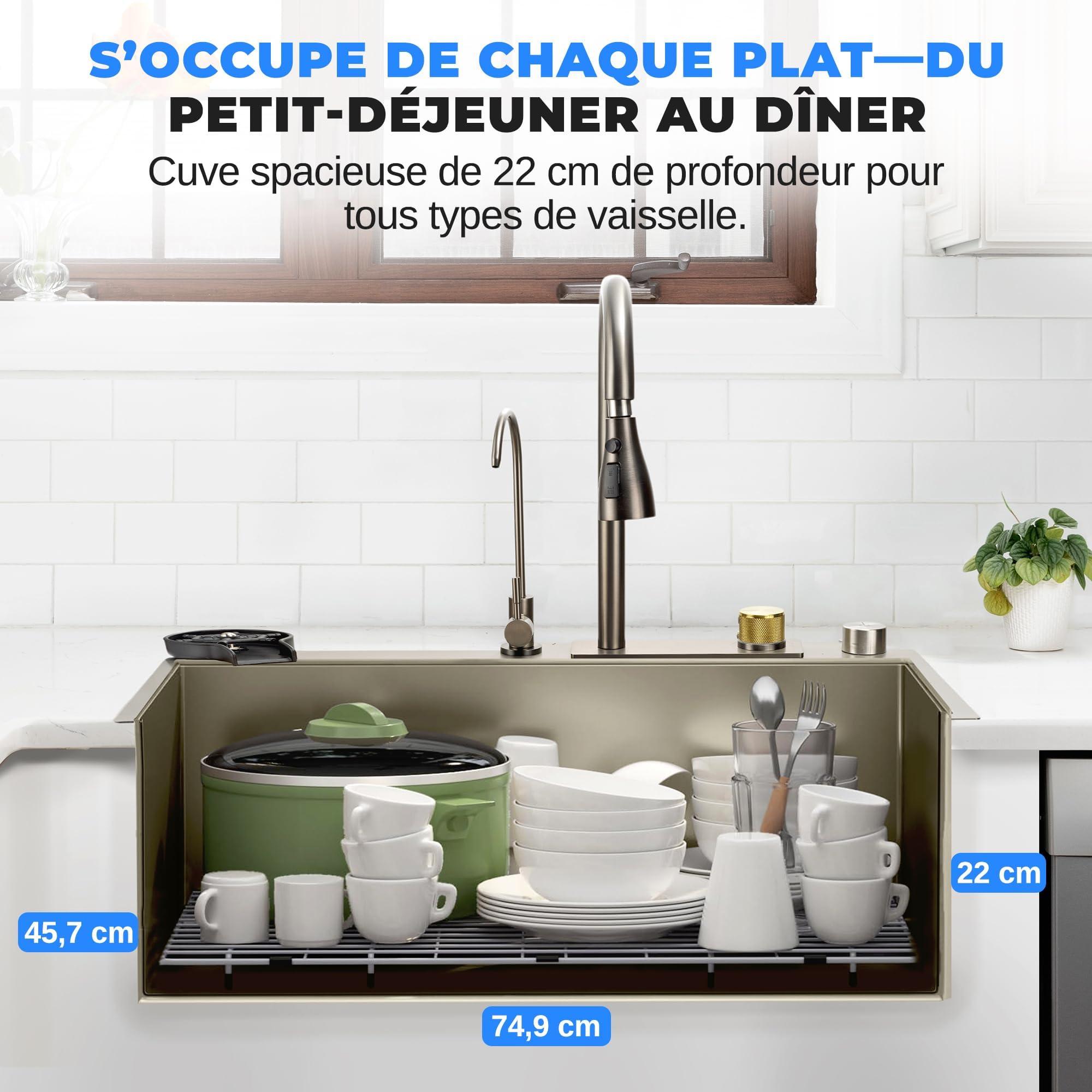 SereneLife Evier Cuisine 1 bac Inox 75 x 46 x 22cm – Evier Cuisine Multifonction avec Égouttoir – Lavabo Cuisine avec Cuve Profonde, Robinet et Lave-Tasses Intégrés, Planche à Découper, Design Moderne
