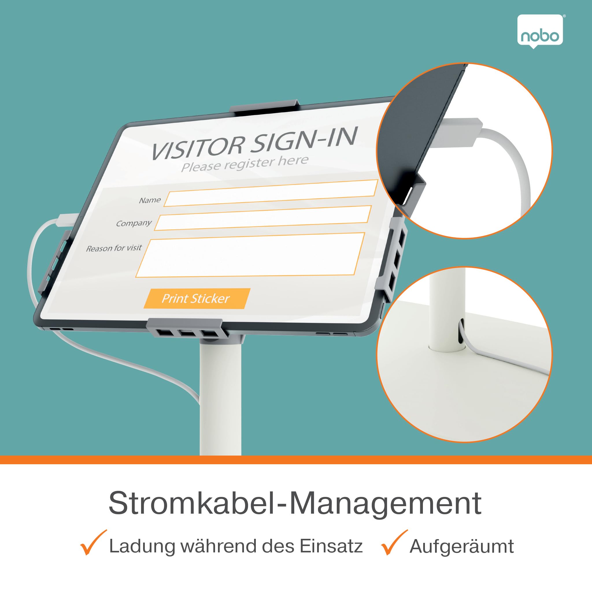 Nobo Impression Pro Tablet-Bodenständer, höhenverstellbar & abschließbar | Für Tablets 9"-12,9", Höhe 690-1190 mm, drehbar, Kabelmanagement, Diebstahlschutz, Empfang, Shop, Messe, weiß