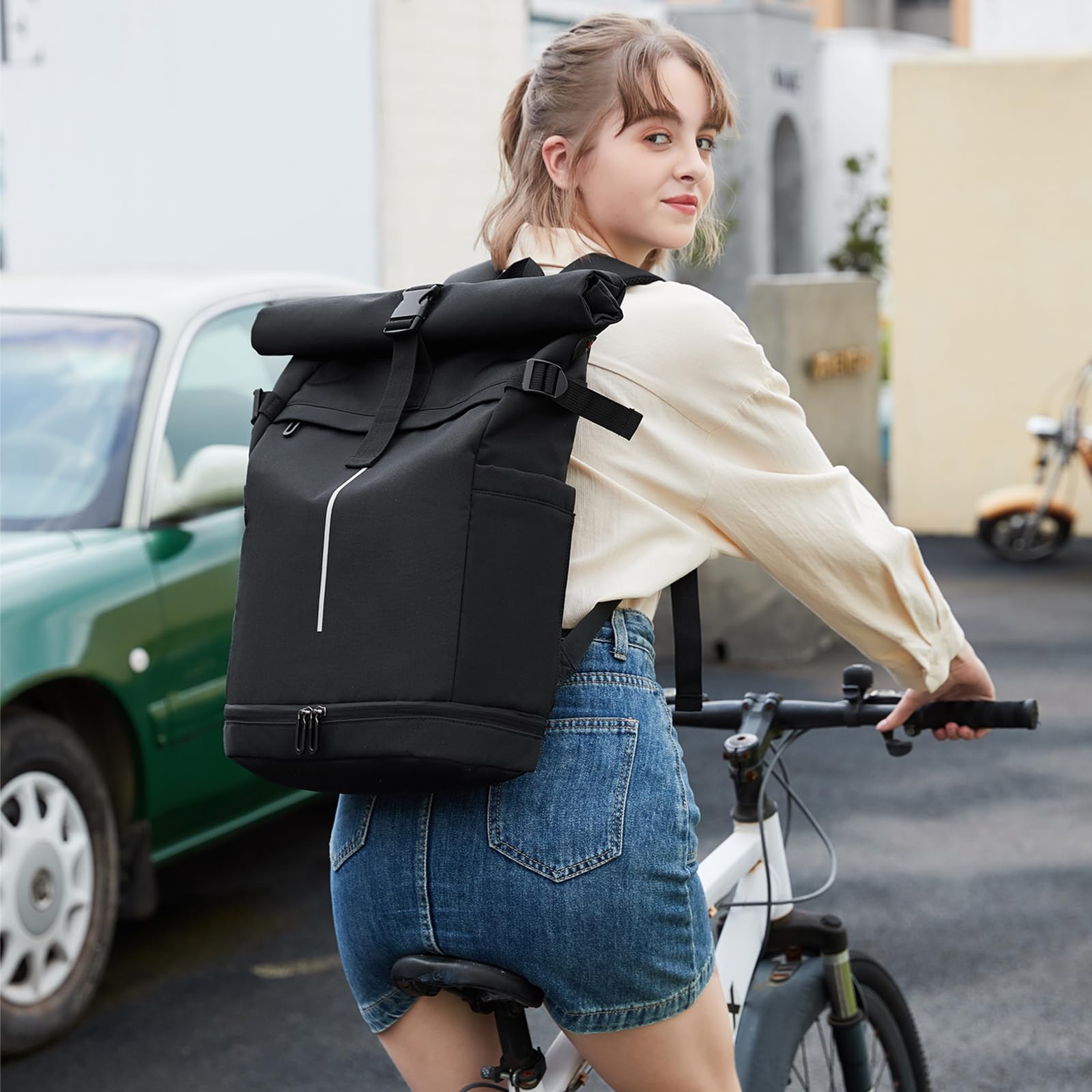 Myhozee RollTop Rucksack Herren Damen 25L-30L LaptopRucksack Schulrucksack für Uni Fahrrad Freizeit Job Sport Reisen, Radsport Stylische Tagesrucksack Waderrucksack mit Laptopfach & Schuhfach - Beige