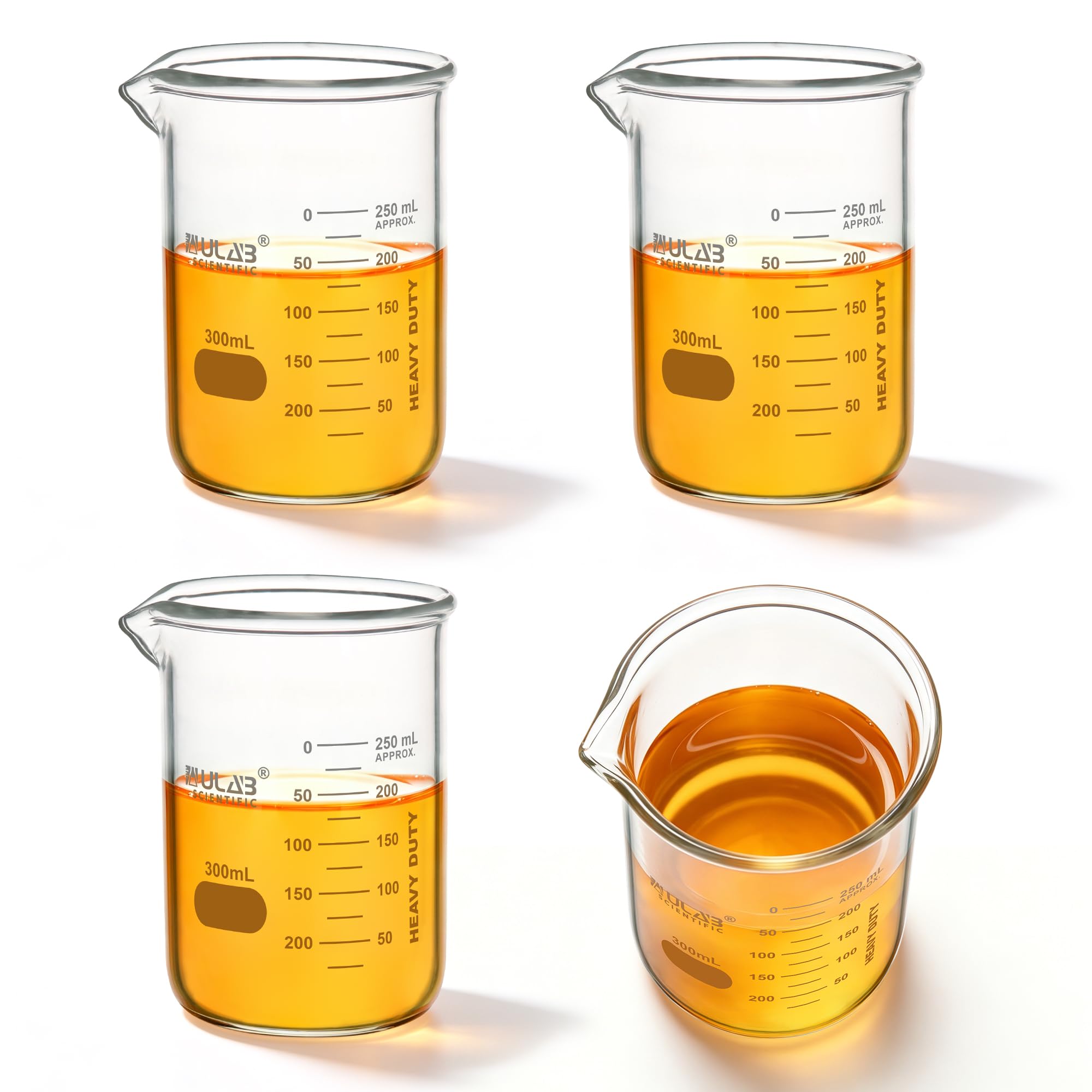 ULAB Scientific Glasbecher, Vol. 300 ml, 3.3 Borosilikat-Griffin niedrige Form mit gedruckter Graduierung, 4 Stück, UBG1034