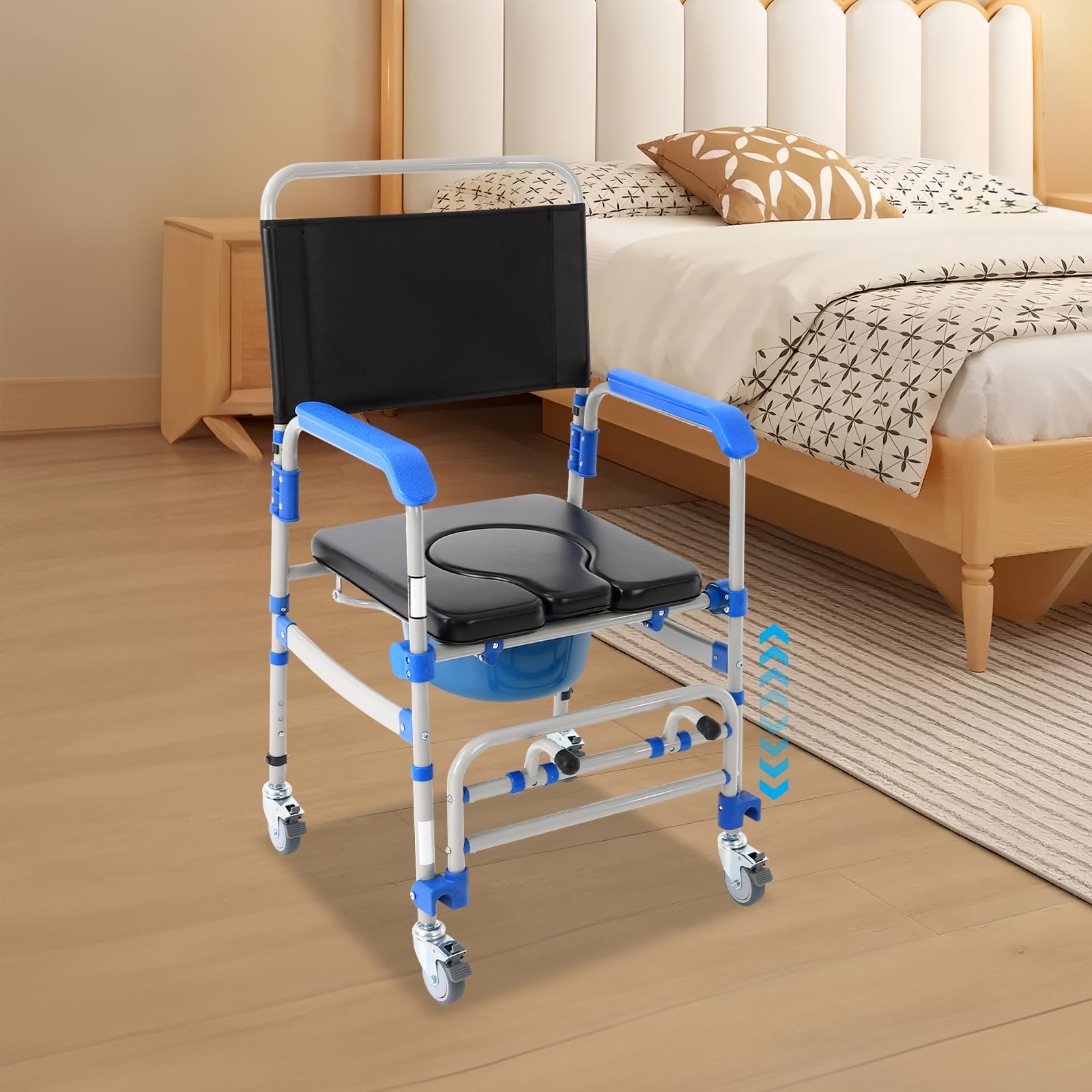 Silla de inodoro para personas mayores, plegable con ruedas, capacidad de carga de 125 kg y 4 ruedas de freno, altura ajustable (41-49 cm), para personas mayores y personas con movilidad reducida