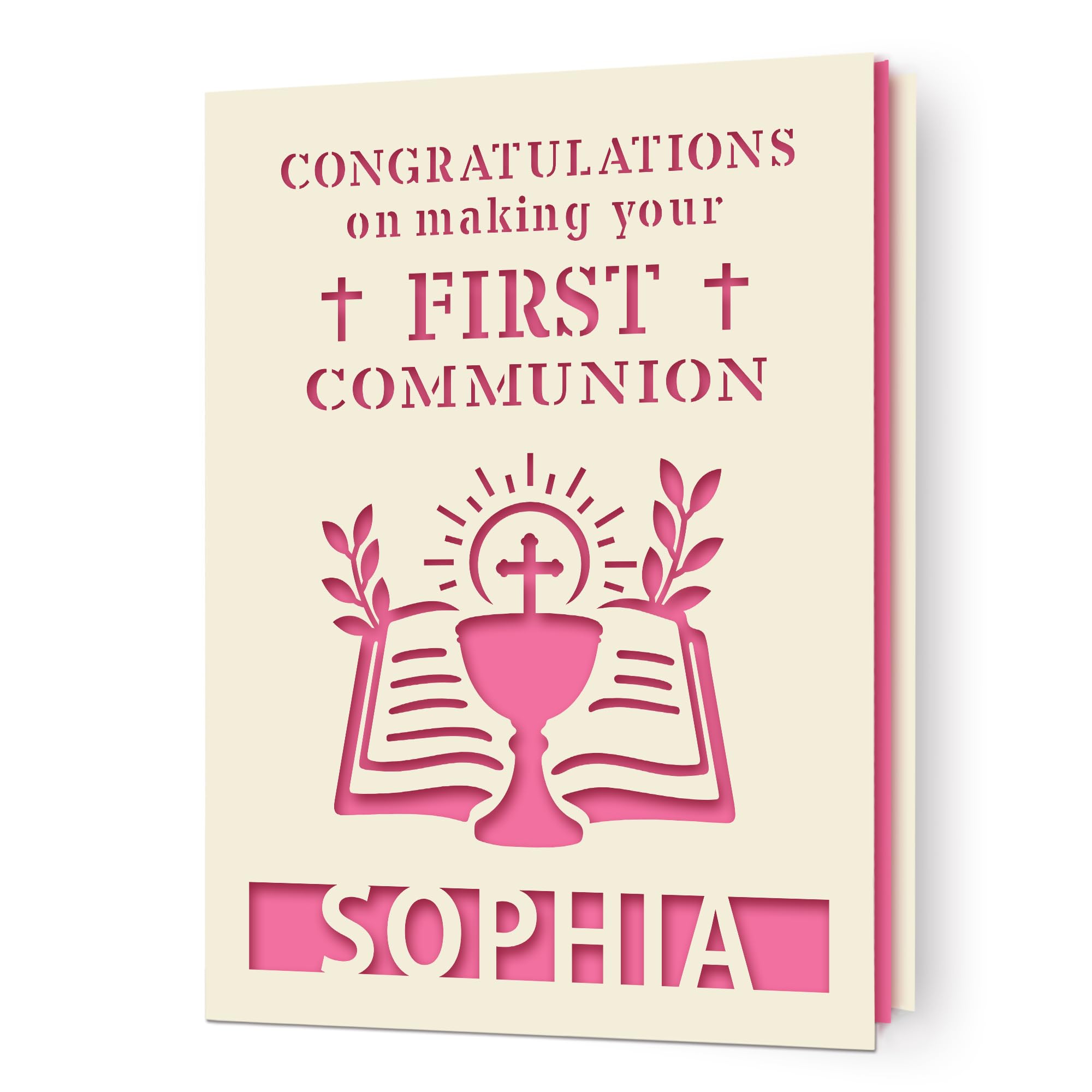 EDSG Personalised First Holy Communion Card, Communion Congratulations Card with Envelope, First Holy Communion Card Gifts for Boys Girls Daughter Granddaughter Grandson (Fuchsia)