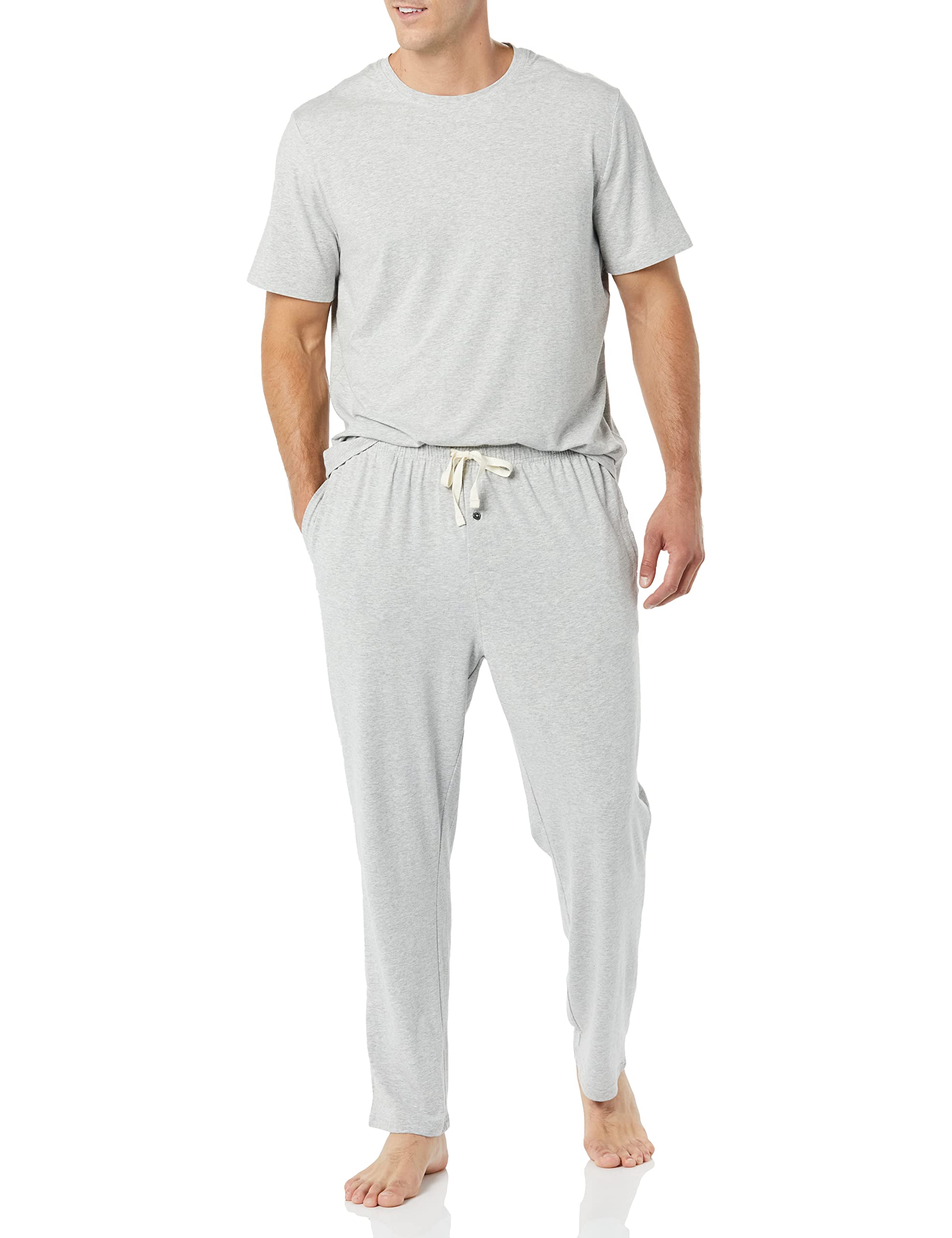 Amazon Essentials Men's Super Soft Modal Cotton Pajama Set, T-Shirt and Full-Length Bottoms Loungewear, Grey Heather, Small