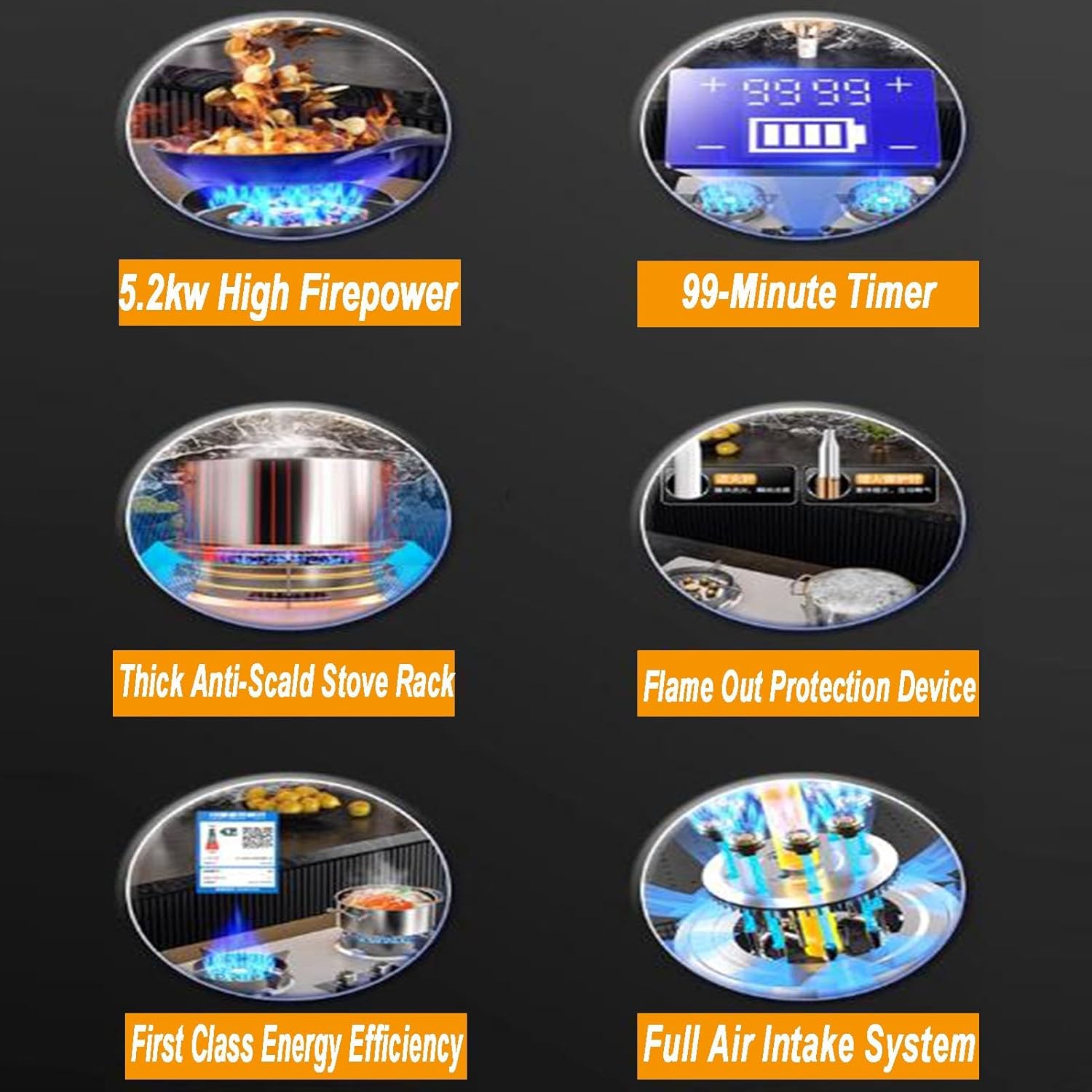 Gas Stove 2 Burners,Stainless Steel Cast Copper Pot Support,NG/LPG Conversion Stove,with Flameout Protection and Timer,for Home RV Camping,4.5KW/5.2KW(NG)