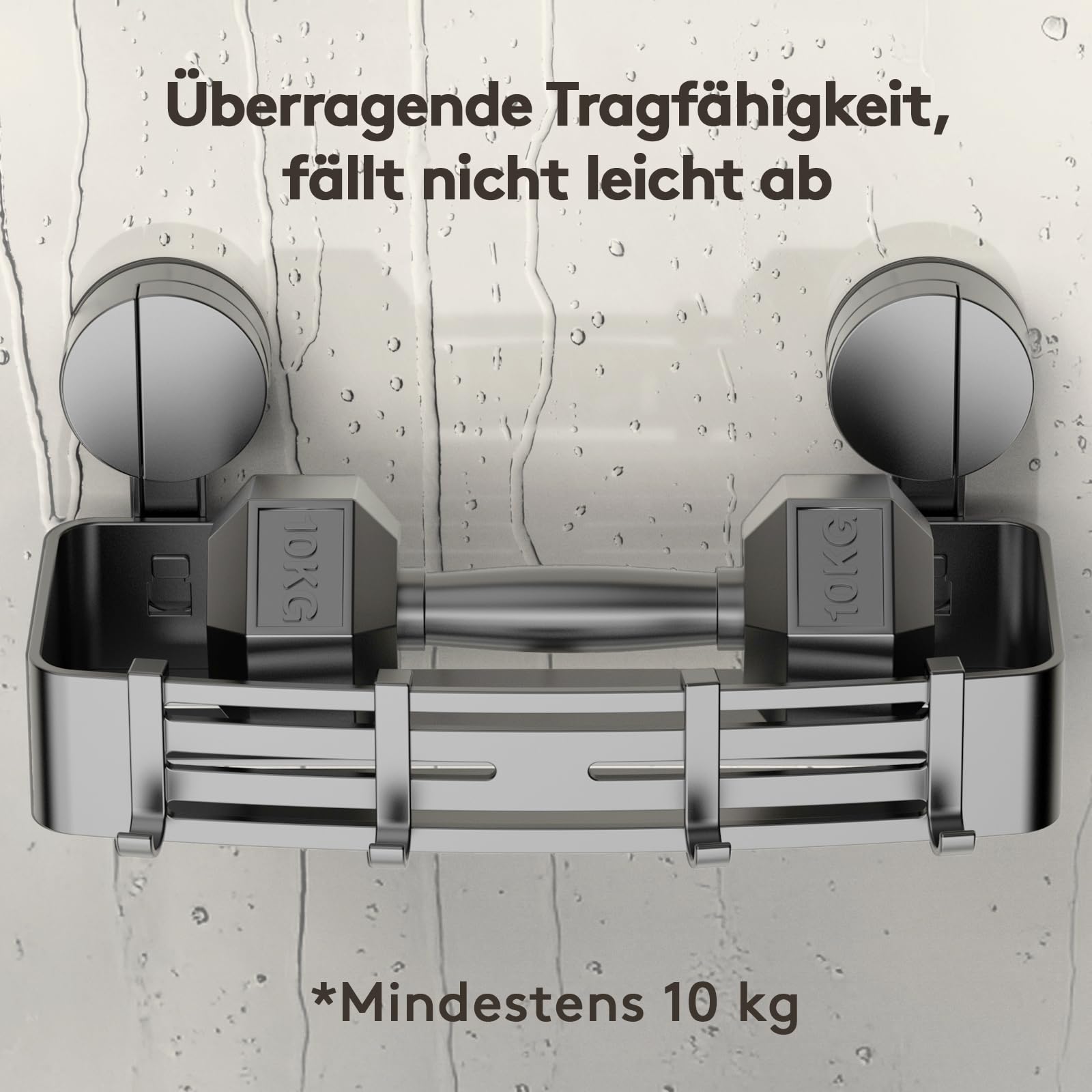 Saugnapf-Duschablage ohne Bohren | 4 Haken, 32 cm Länge, 10 kg Tragfähigkeit, 1-Minuten-Installation | Abnehmbare und rostfreie Shampoo-Halterung für Dusche