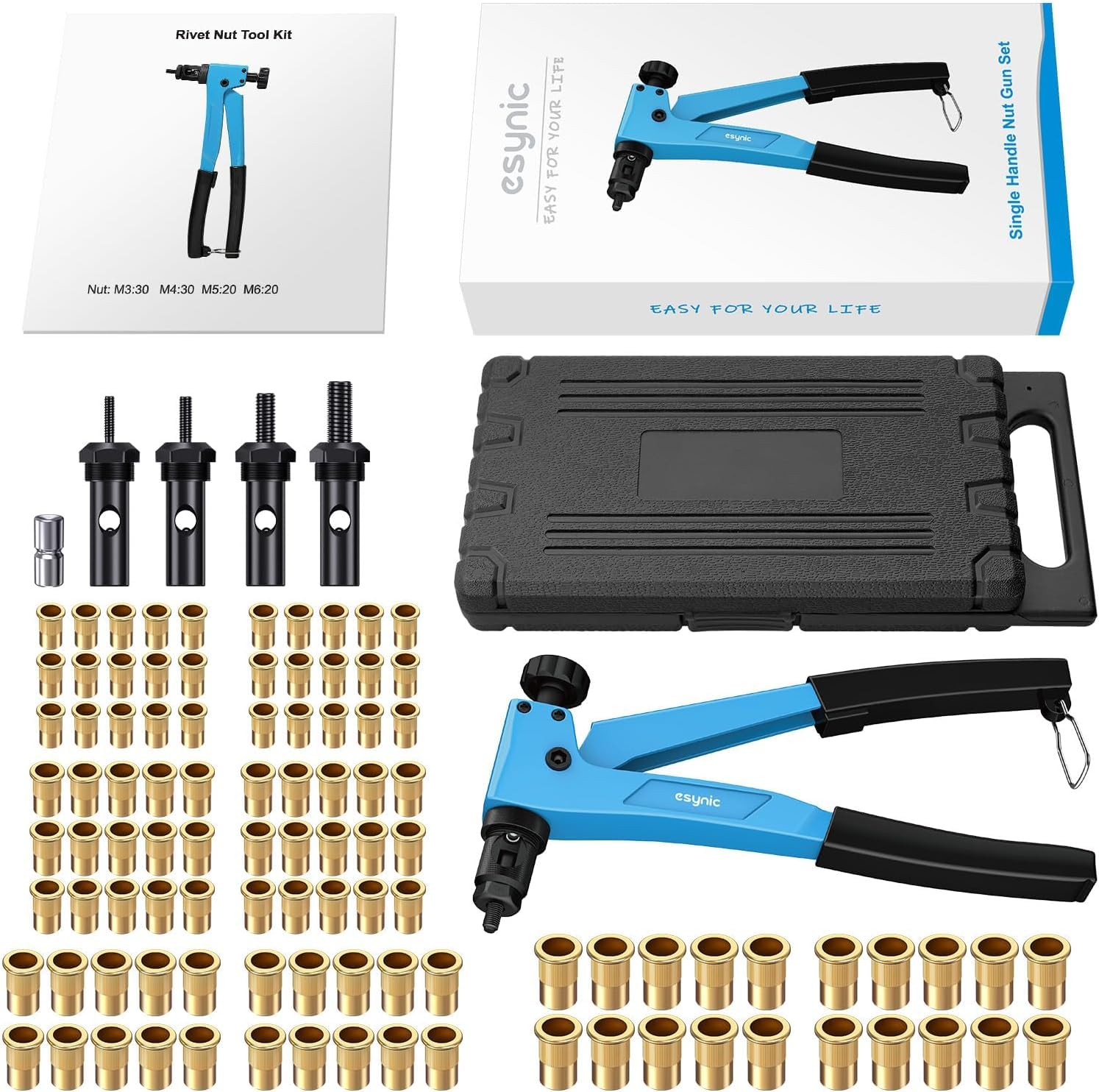 eSynic 10'' Pince Écrou à Riveter avec 100 Écrous à Rivets M3 M4 M5 M6 Pistolet à Riveter Manuel Pince a Insert Fileté avec Étui de Transport Robust-Bleu