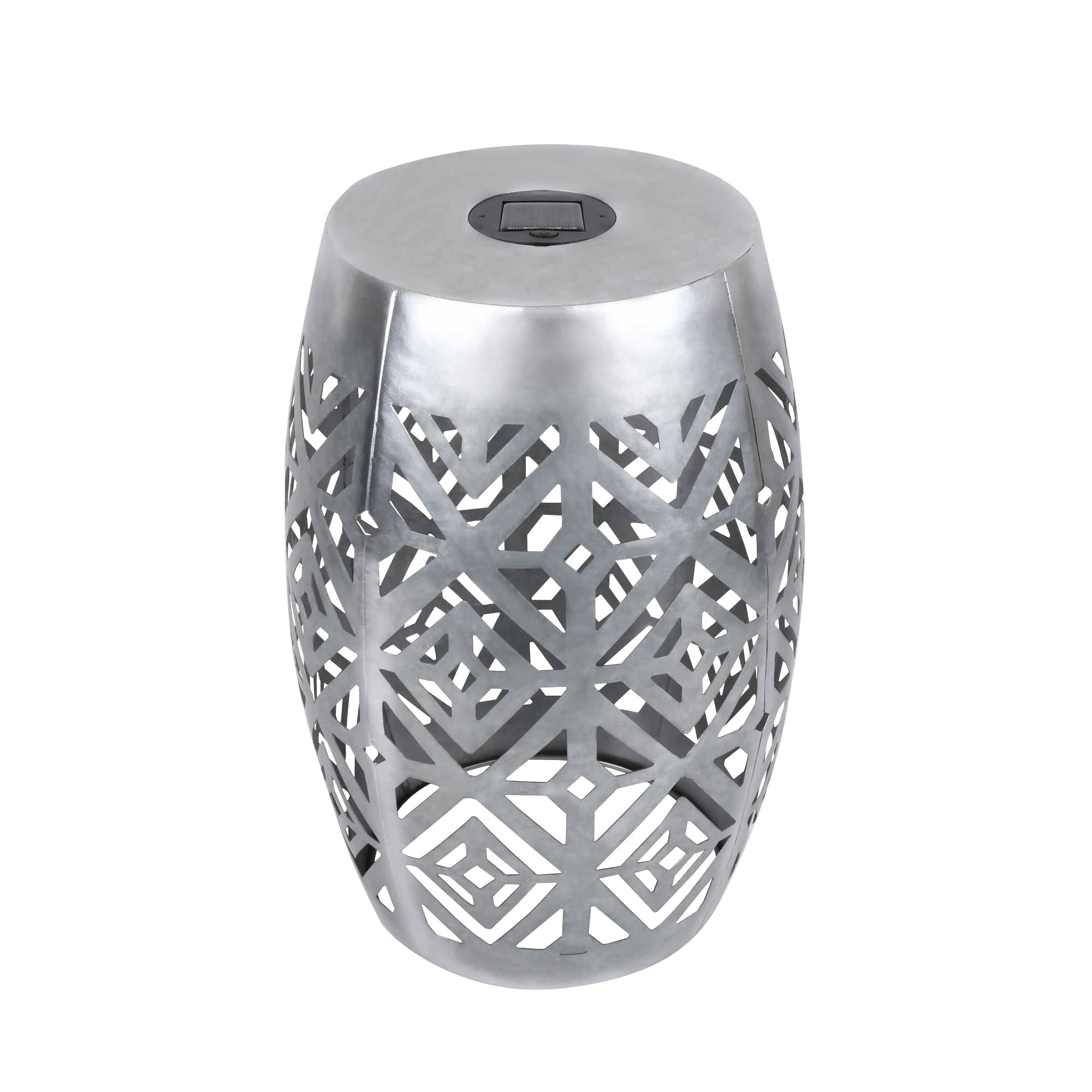 Teamson Home Outdoor Garden 2 In 1 Round Large Solar Powered Lantern, LED Floor Patio Light, 12.5 Inch Side Table Stand, Outdoor Garden Dcor, Silver