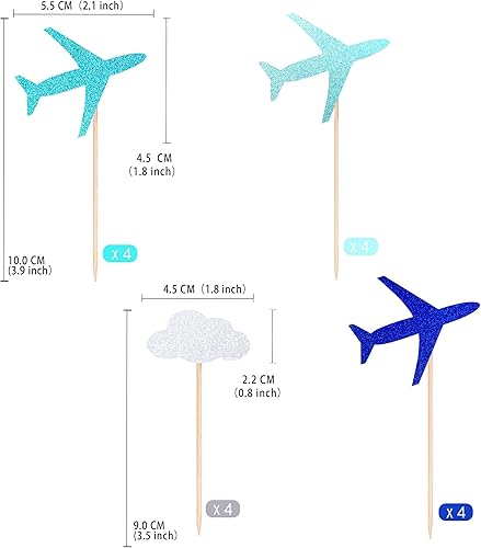 Miniatura 2 de Gexolenu 24 piezas de lindos adornos para cupcakes de avión de nube con purpurina azul de doble cara para decoración de baby shower, boda,