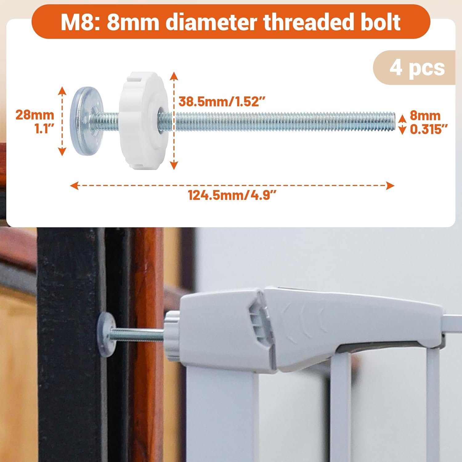 Baby Gate Pet Gate Spindle Rods 8mm(M8), Replacements Parts to The Screws for Baby Gate Dog Gate Door or Stair Gate, Wall Protector Threaded Screw Bolts Hardware Kit, White, 4 Pack