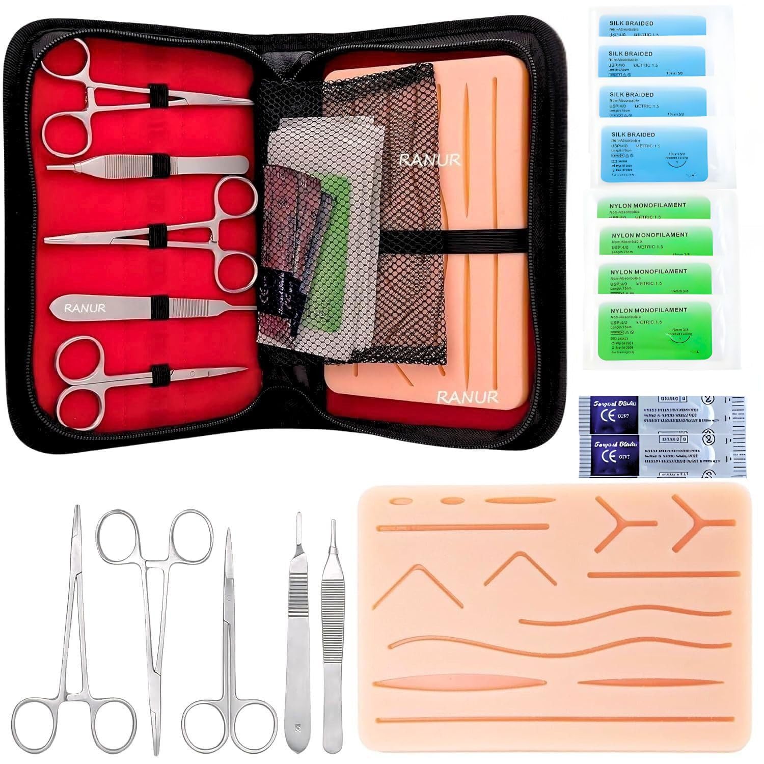 RANUR's Precision Suture Practice Kit, Comprehensive 17 Piece Set with Durable Large Suturing Pad, Pre-Cut Wounds, Instruments (SUTURE PRACTICE KIT)